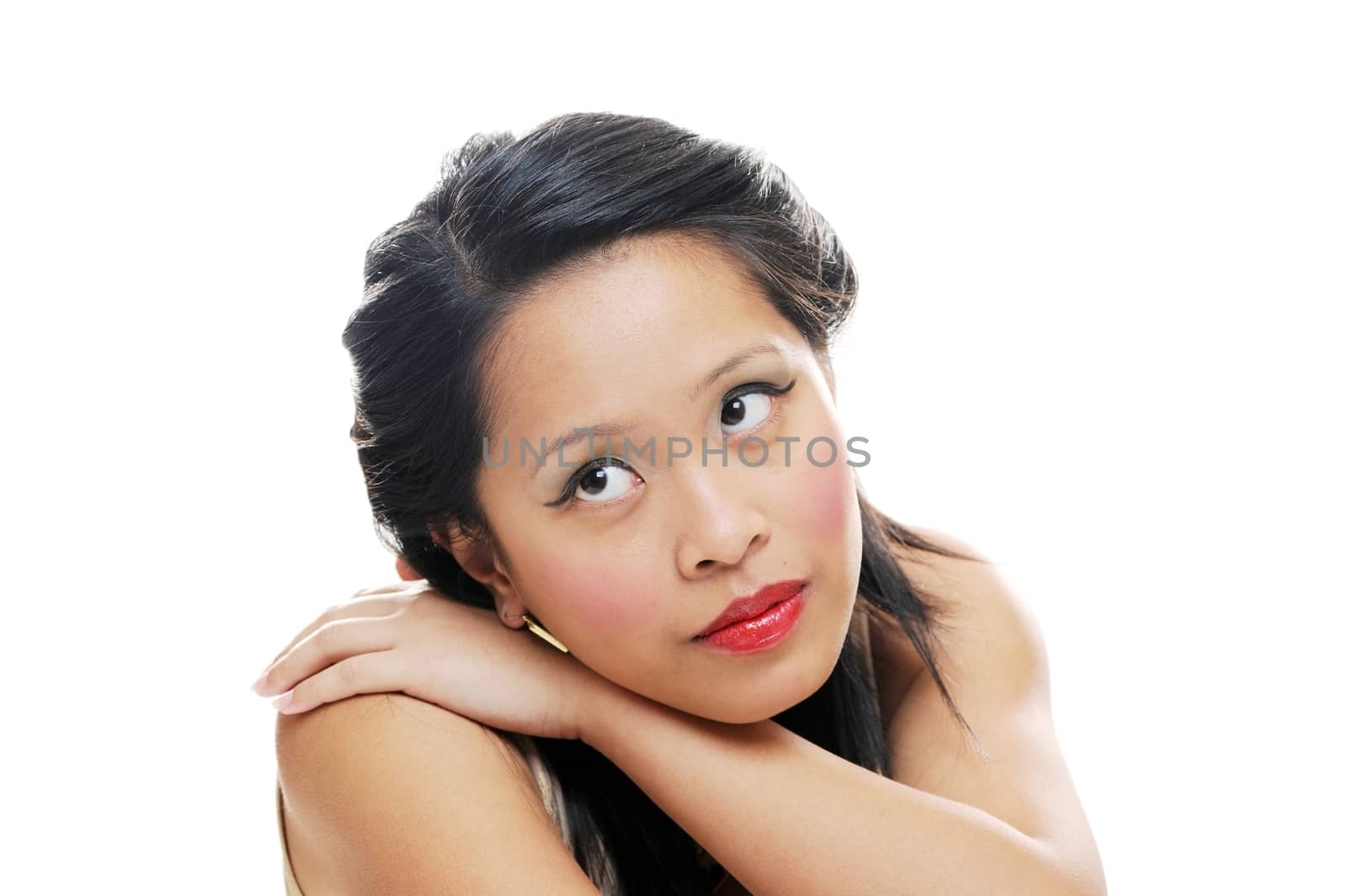 Asian lady looking thoughtful with makeup