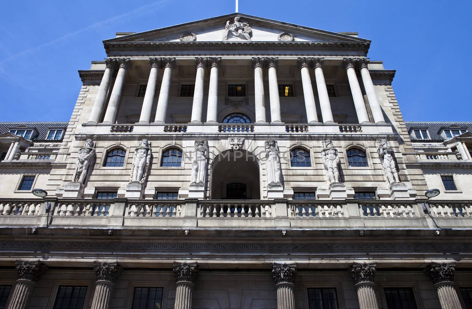 The impressive facade of the Bank of England located in the City of London.