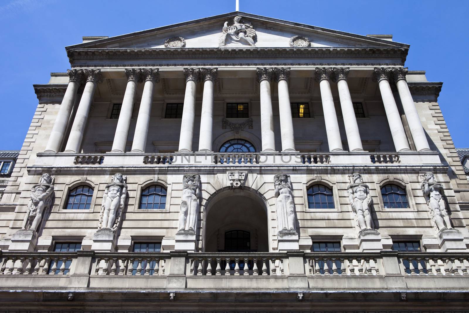 The impressive facade of the Bank of England located in the City of London.