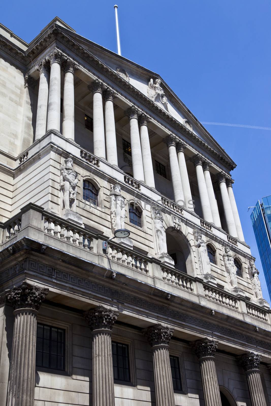 The impressive facade of the Bank of England located in the City of London.