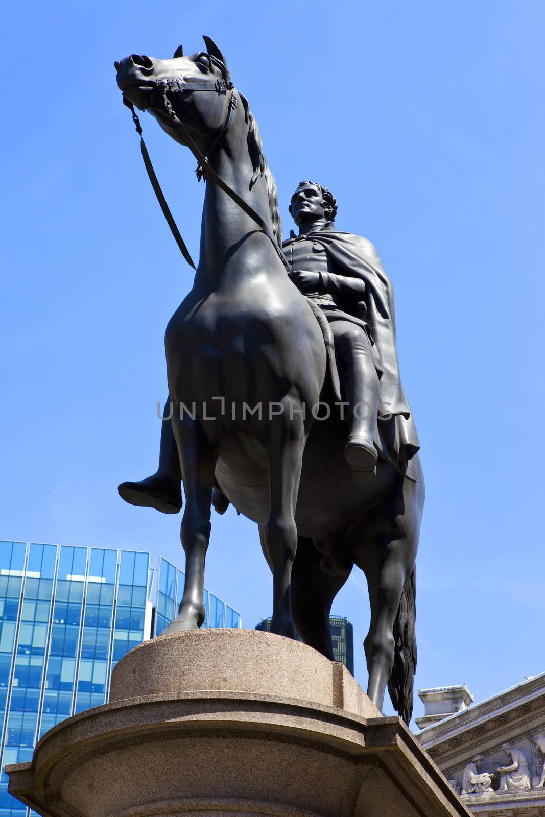 The Duke of Wellington statue situated outside the Bank of England in London.