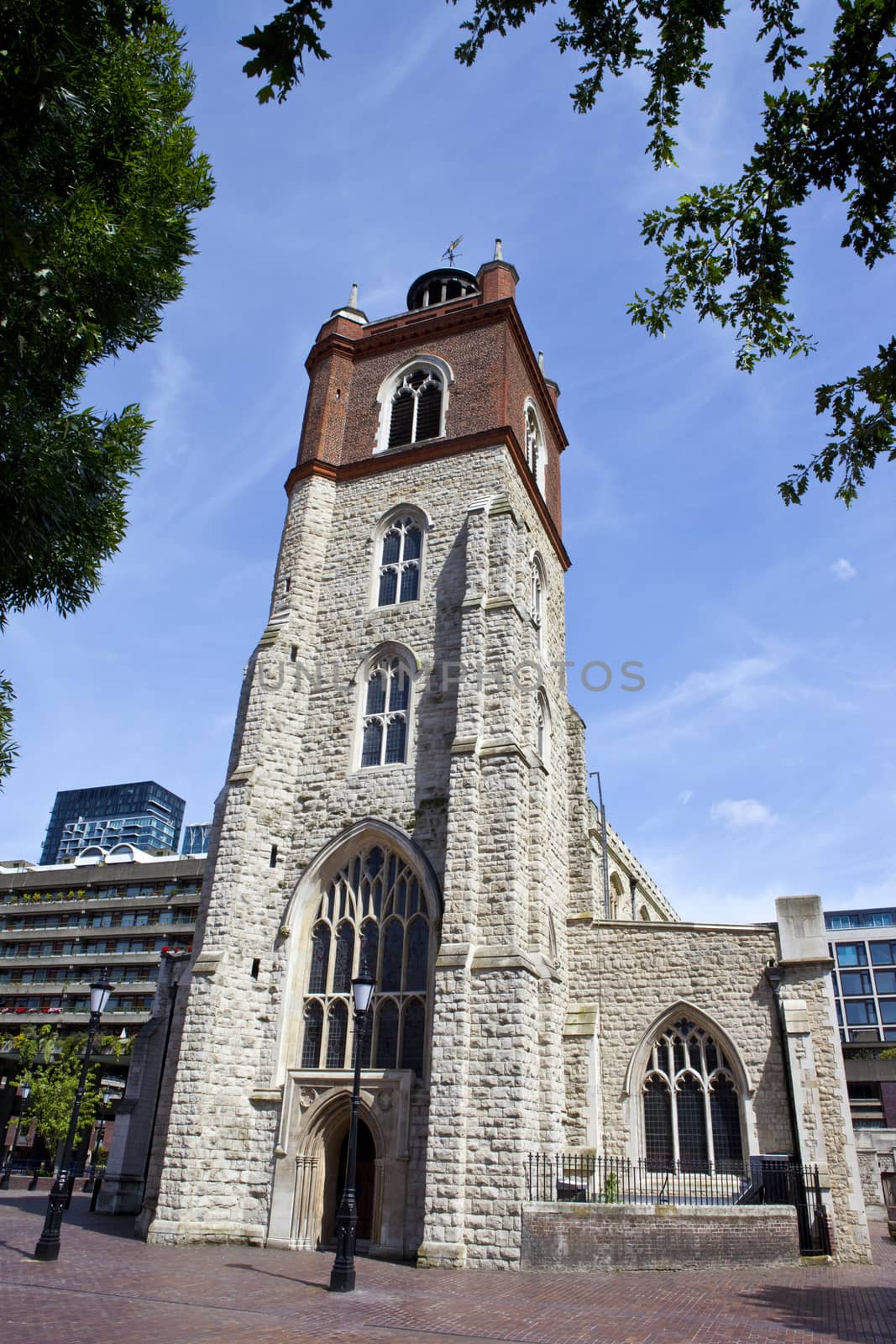 The historic St. Giles Without Cripplegate Church located in the Barbican Estate in London.