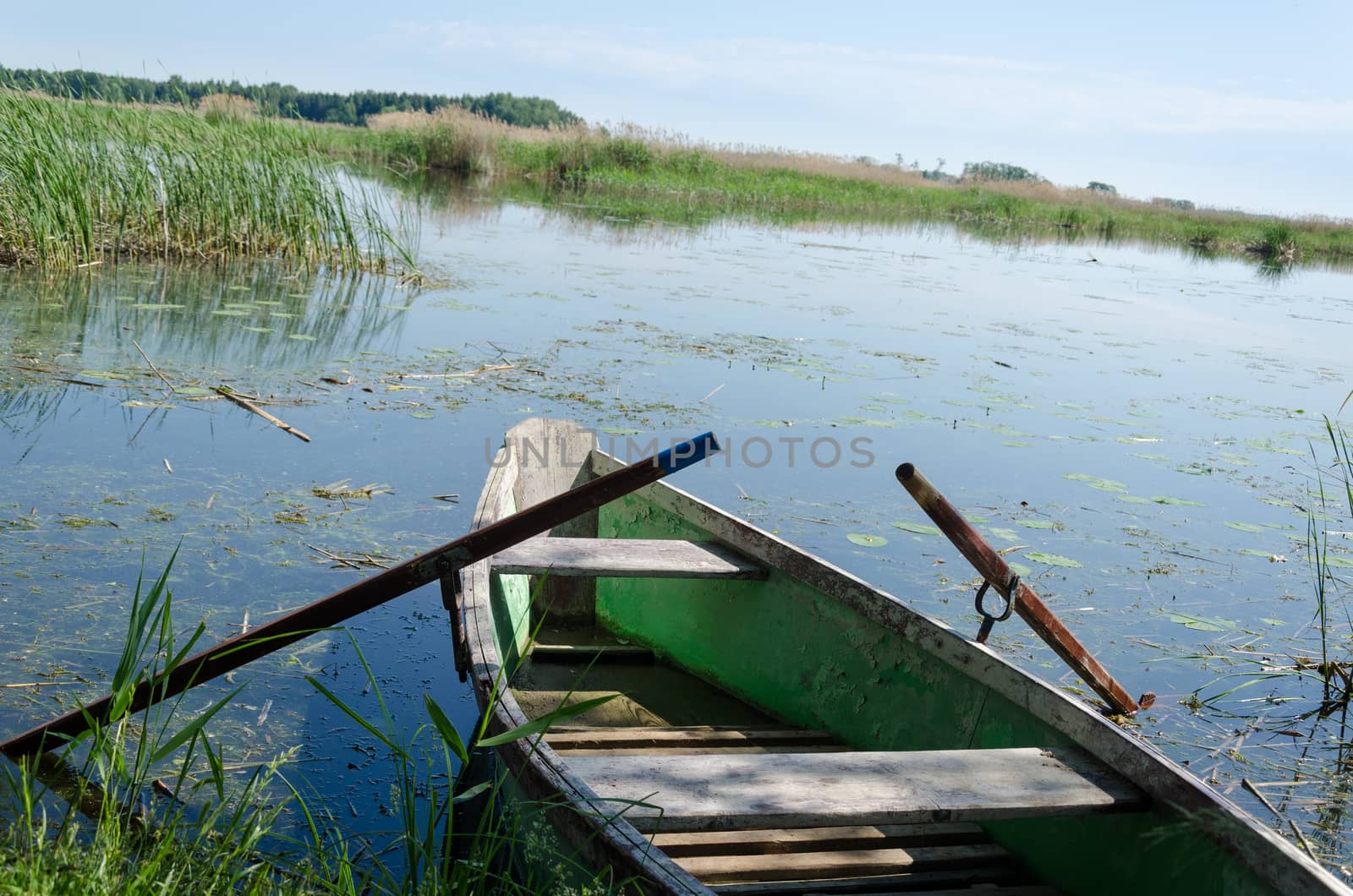 old fishing boat with oars to high grass coast by sauletas