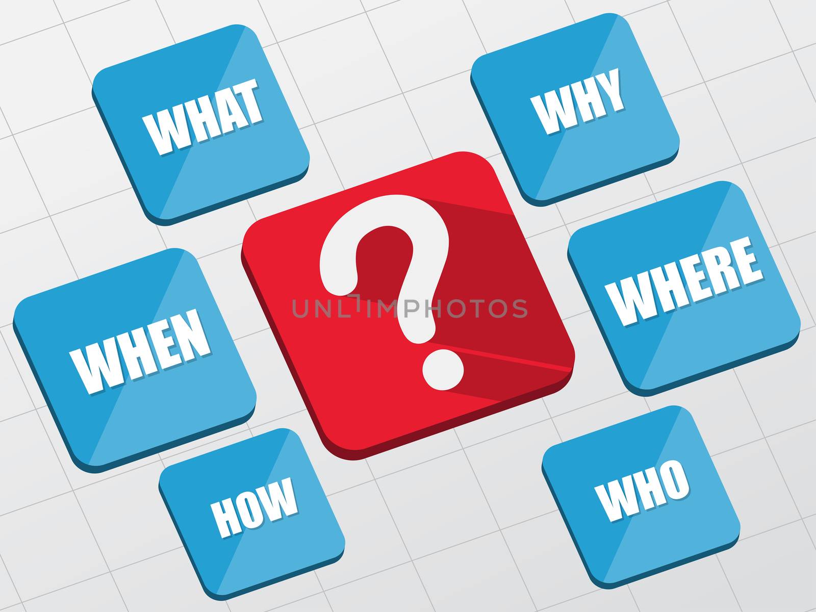 question sign and question words - white text and symbol in red and blue flat design blocks, business concept