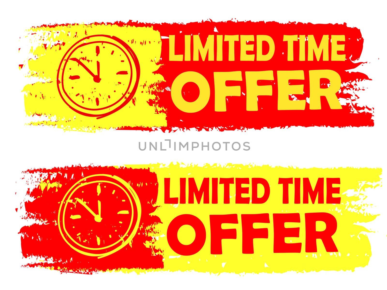 limited time offer with clock signs banners - text in yellow and red drawn labels with symbols, business commerce shopping concept