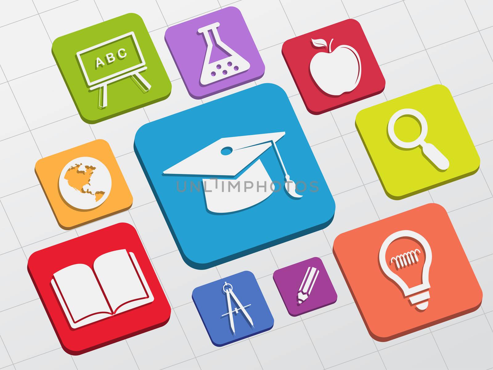 education signs - white symbols in colorful flat design blocks, learning concept icons
