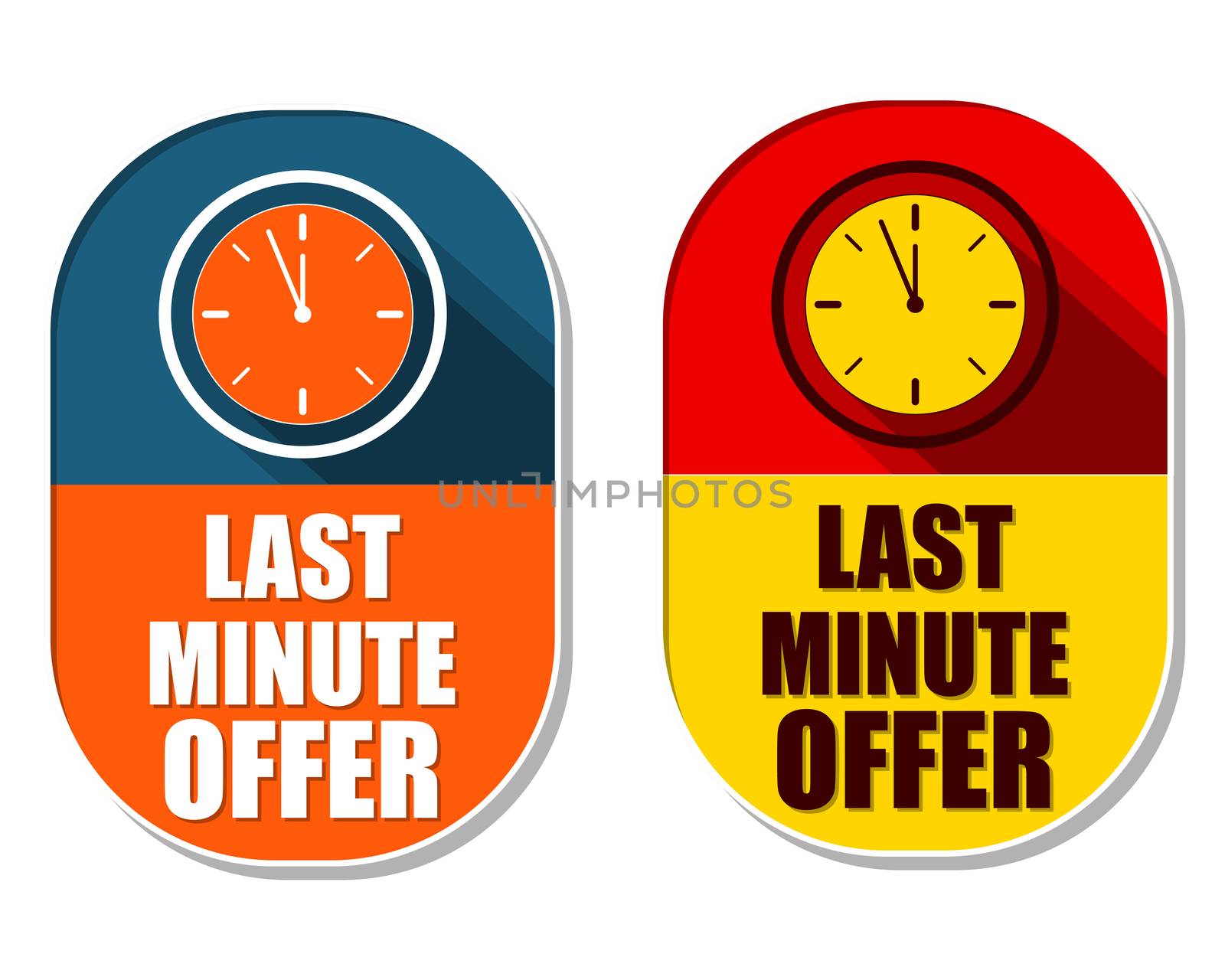 last minute offer with clock signs, two elliptic flat design labels with icons, business commerce shopping concept symbols