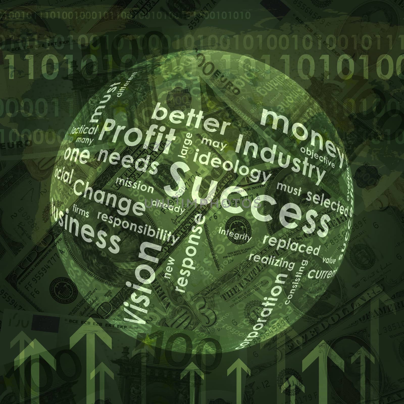 Sphere consists business words and arrow on money background