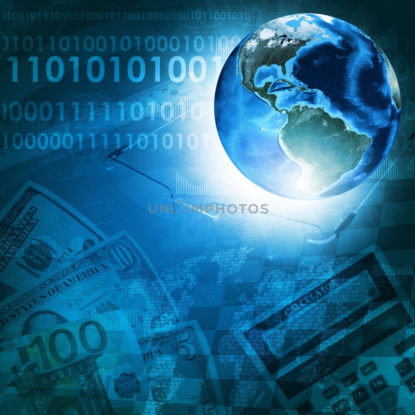 Earth, world map and figures on money background. Business concept. Elements of this image are furnished by NASA