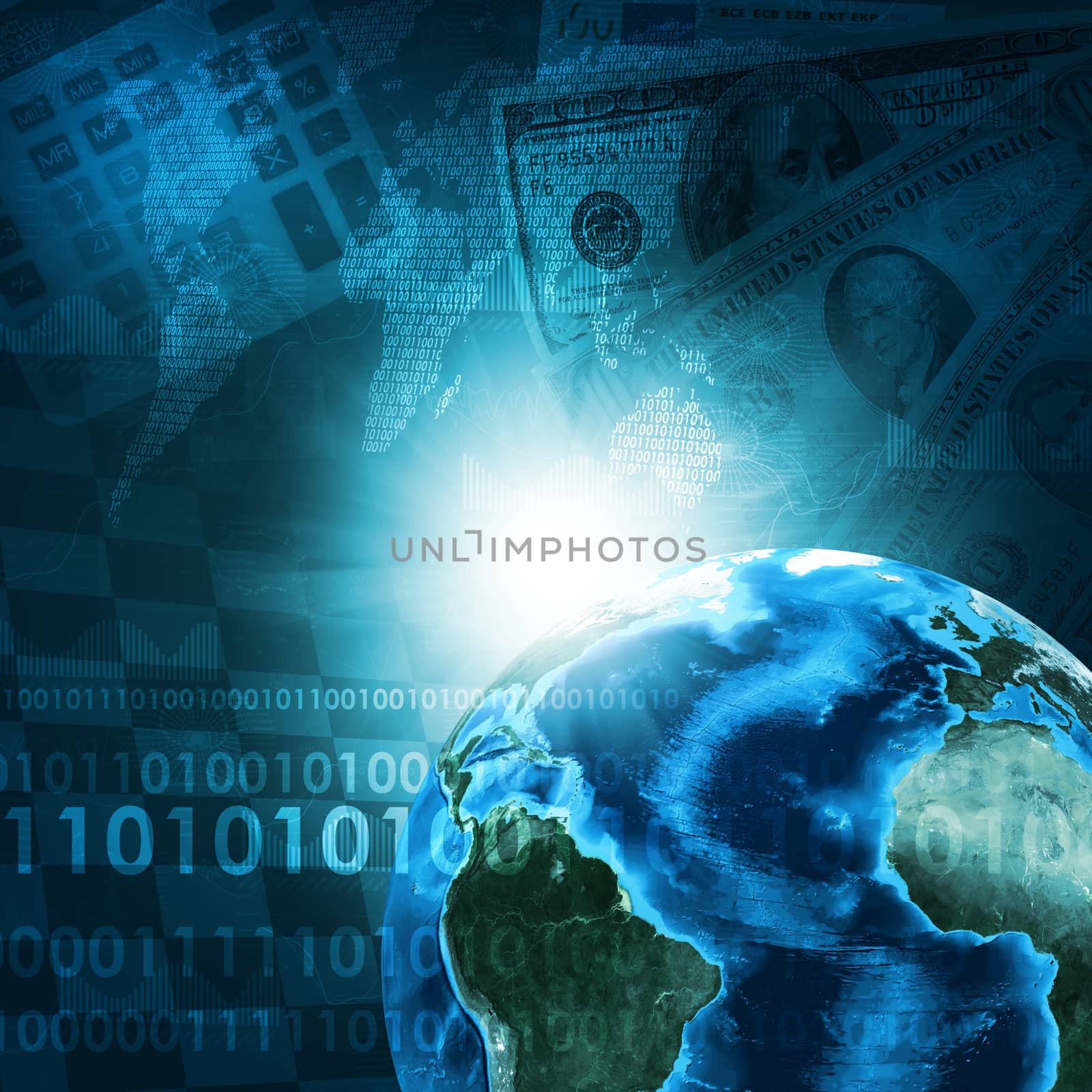 Earth, world map and calculator on money background. Business concept. Elements of this image are furnished by NASA