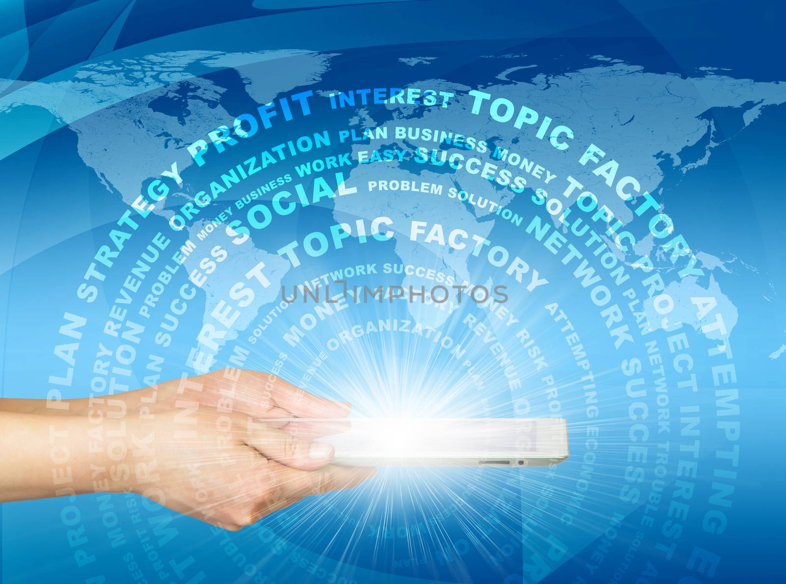 Woman hands hold tablet pc. Business words against world map