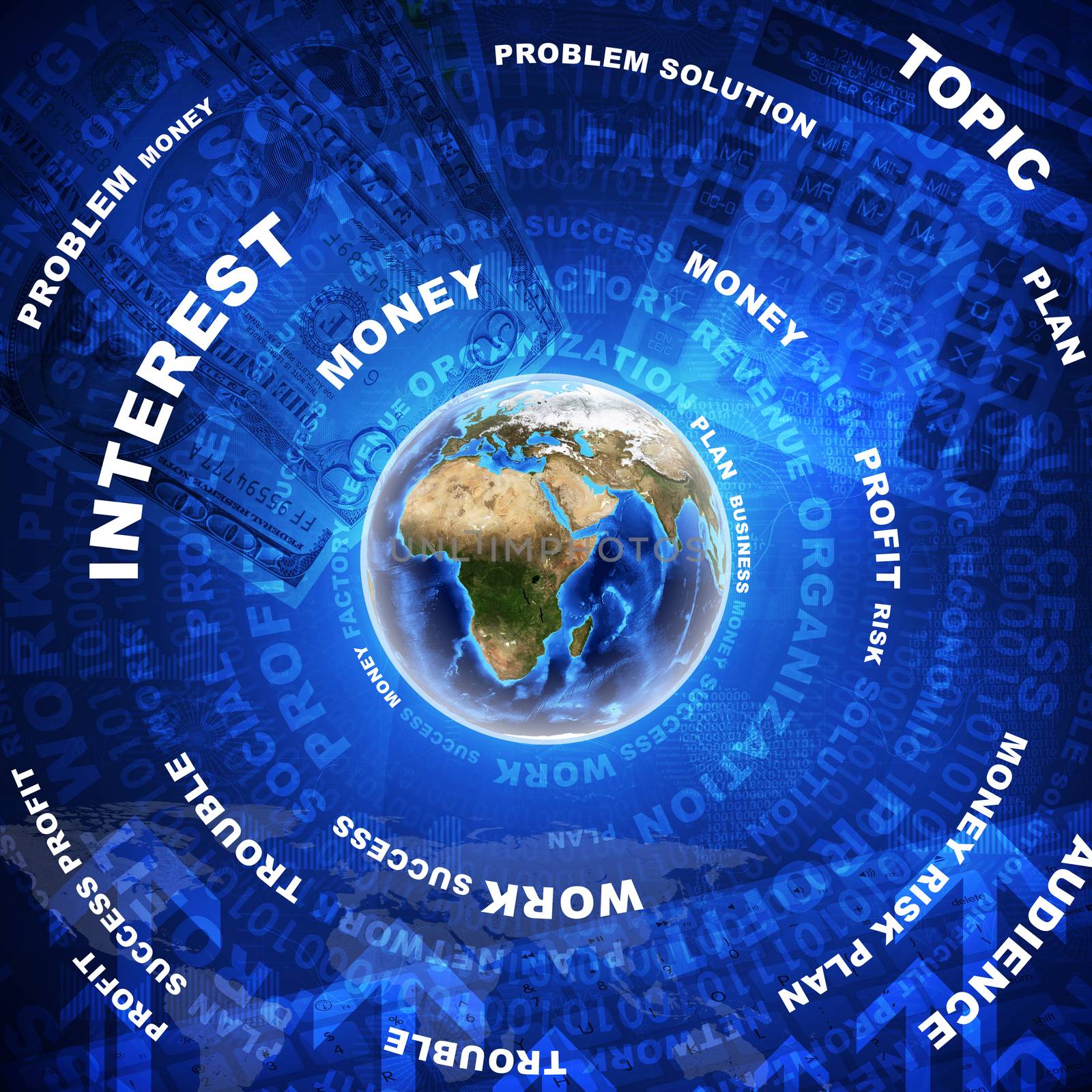 Earth and business words on money background. Elements of this image are furnished by NASA