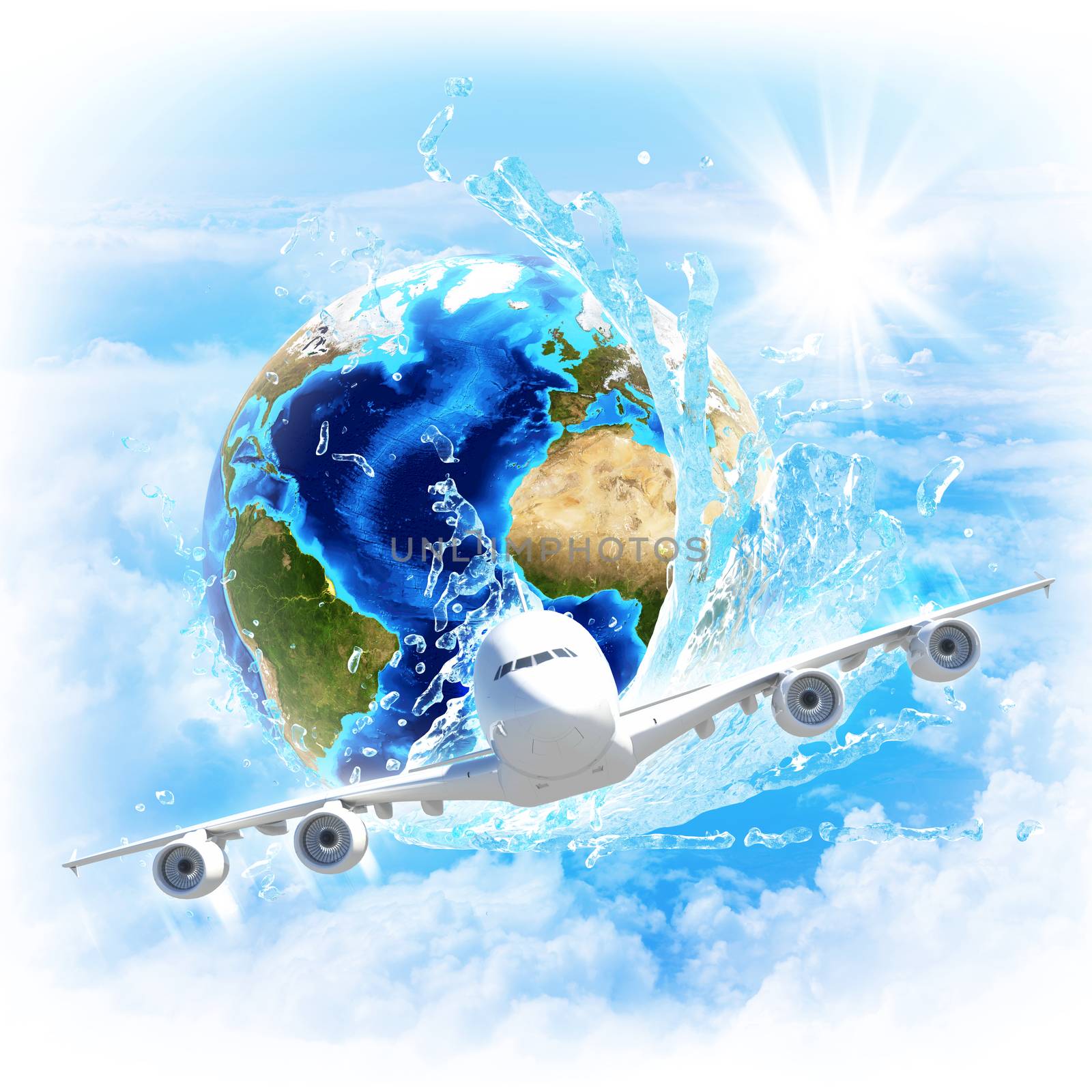 Earth with water and airplane. Elements of this image are furnished by NASA