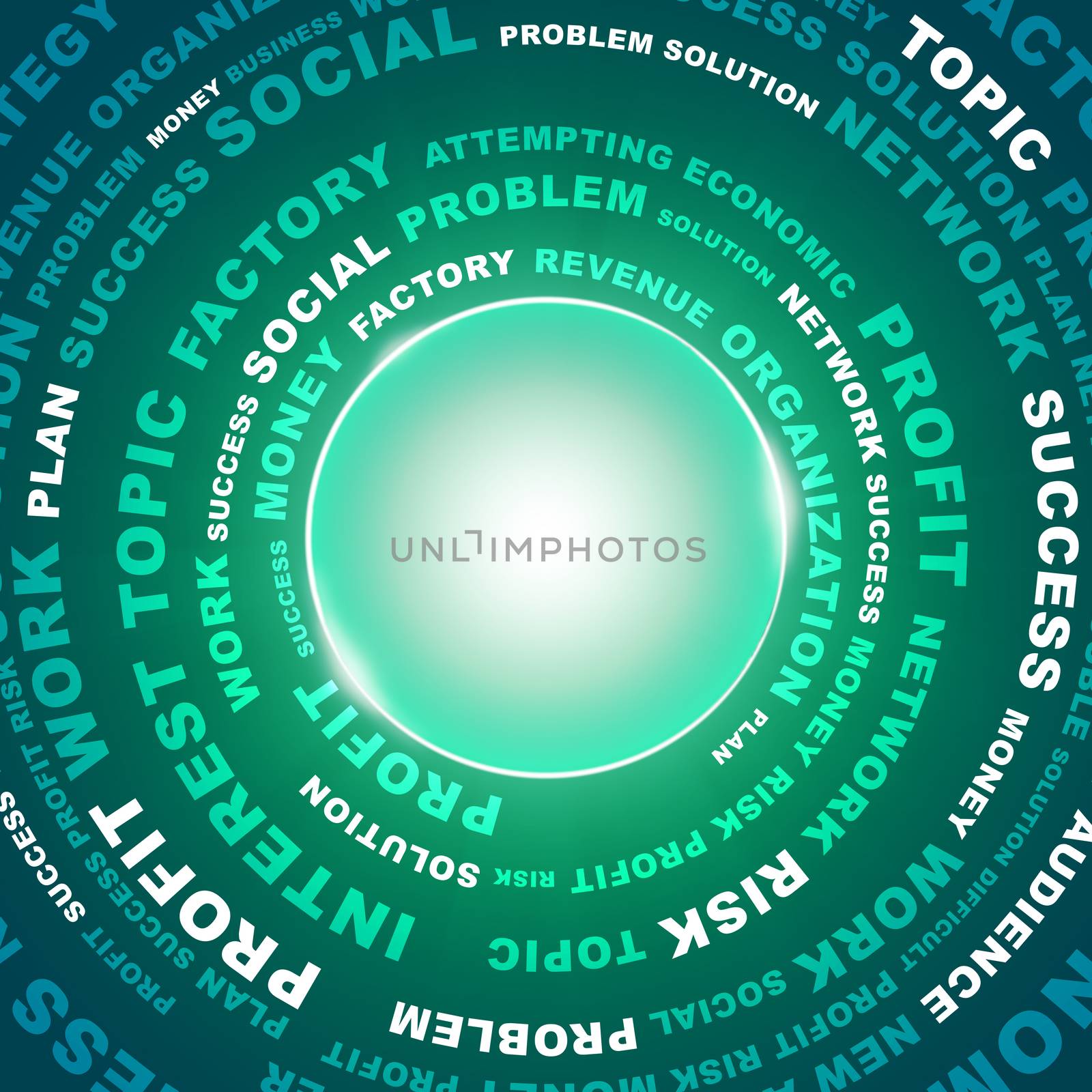 Circle and business words against green background