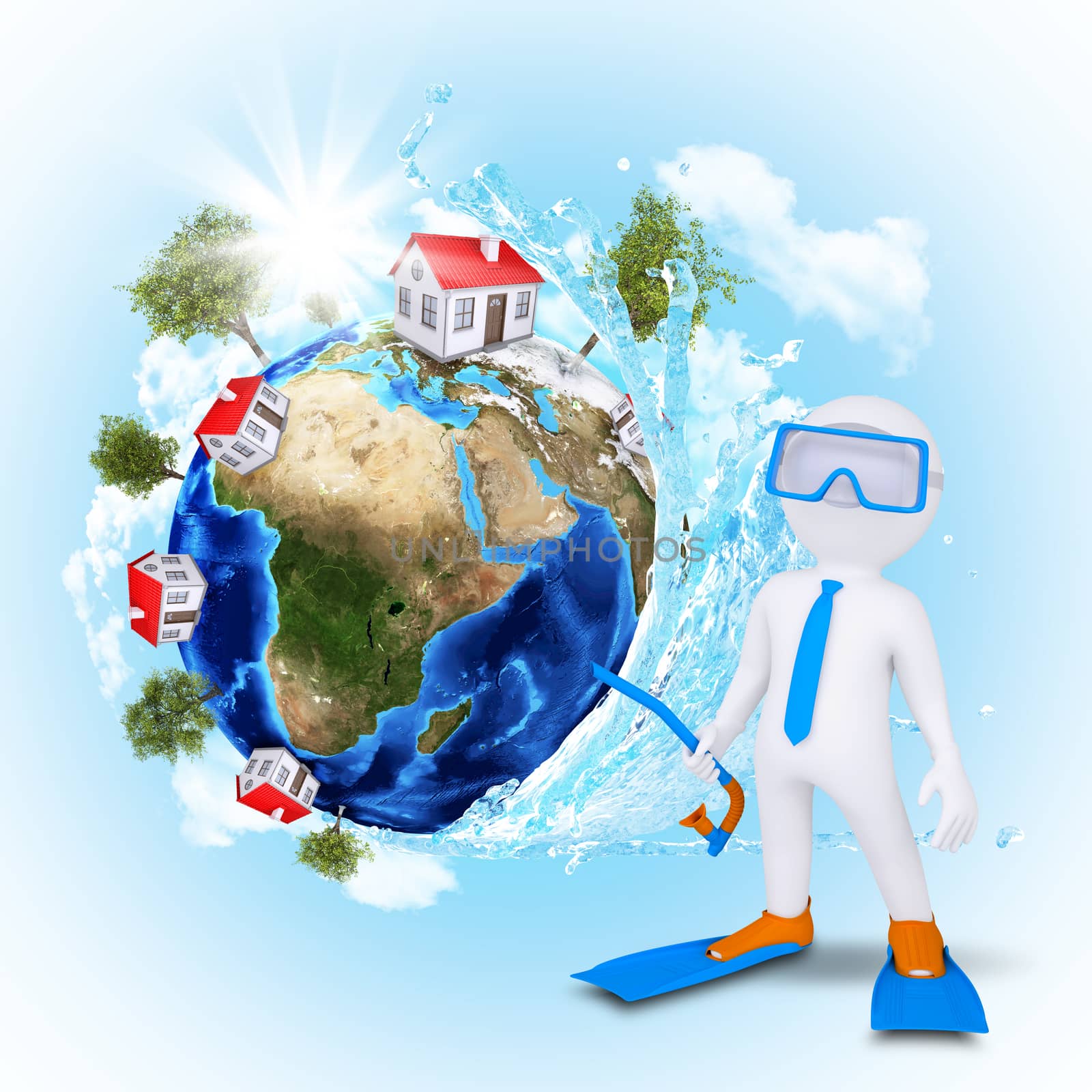 3d diver near the Earth with houses and trees by cherezoff