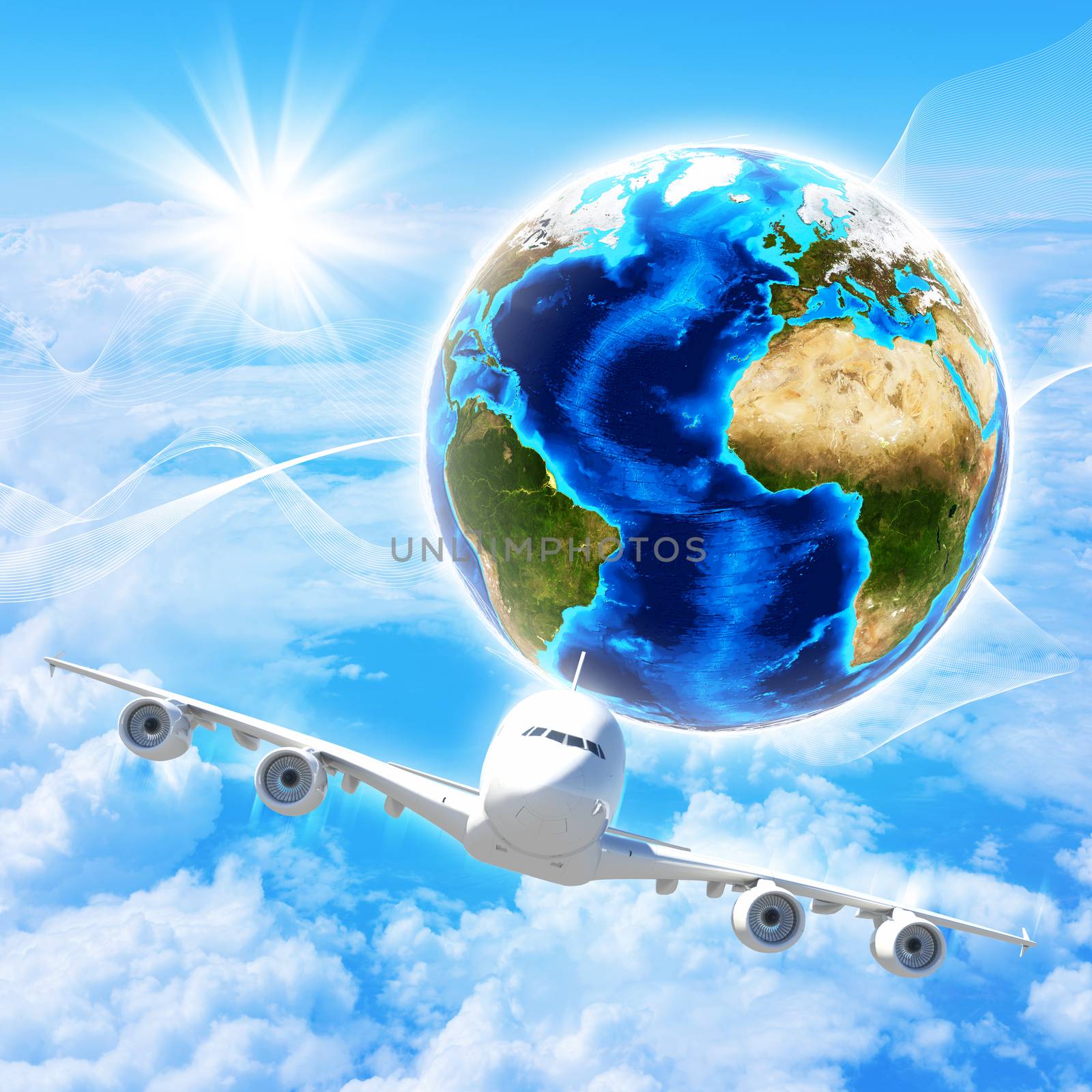 Earth with airplane against clouds and sun by cherezoff