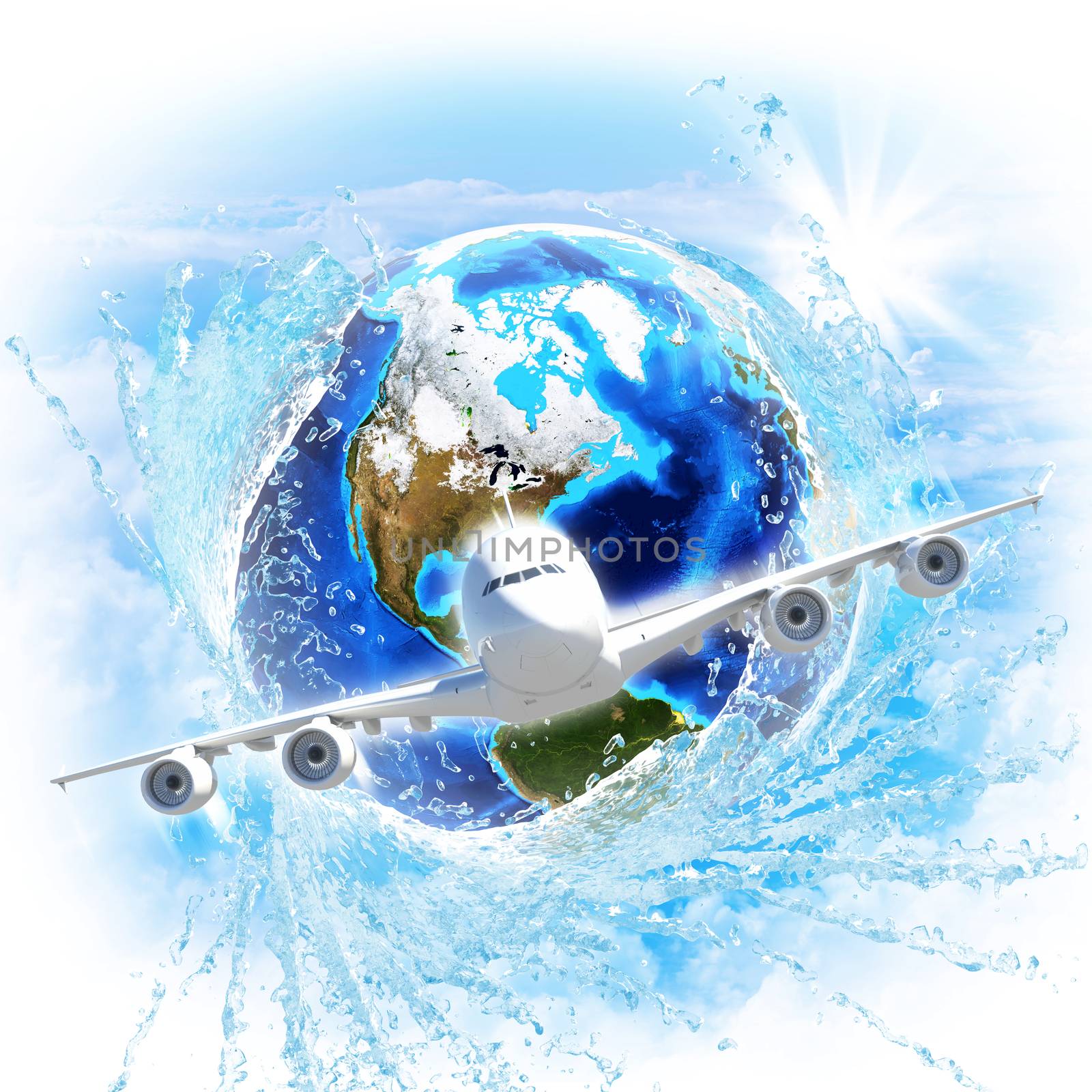 Earth with water and airplane by cherezoff