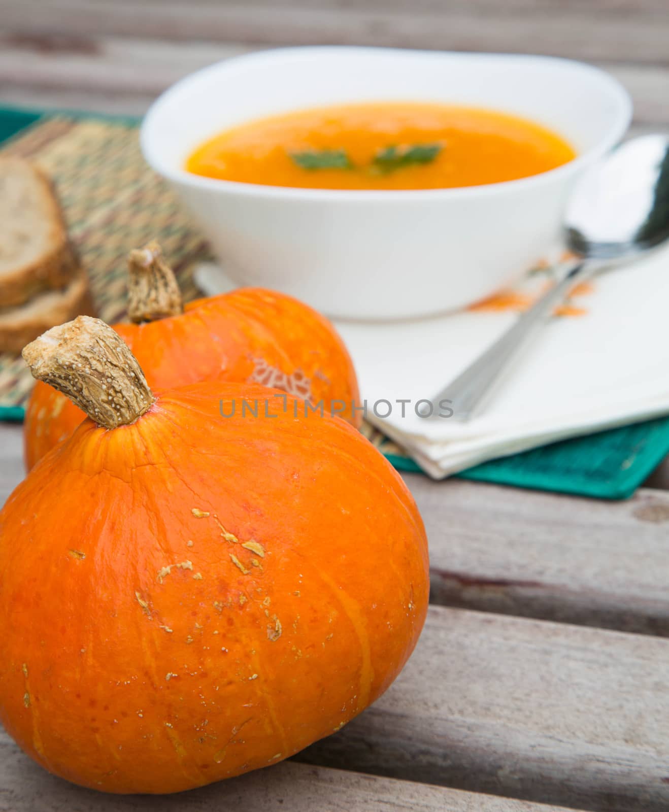 Two small pumpkins and the pumpkin cream soup in the background