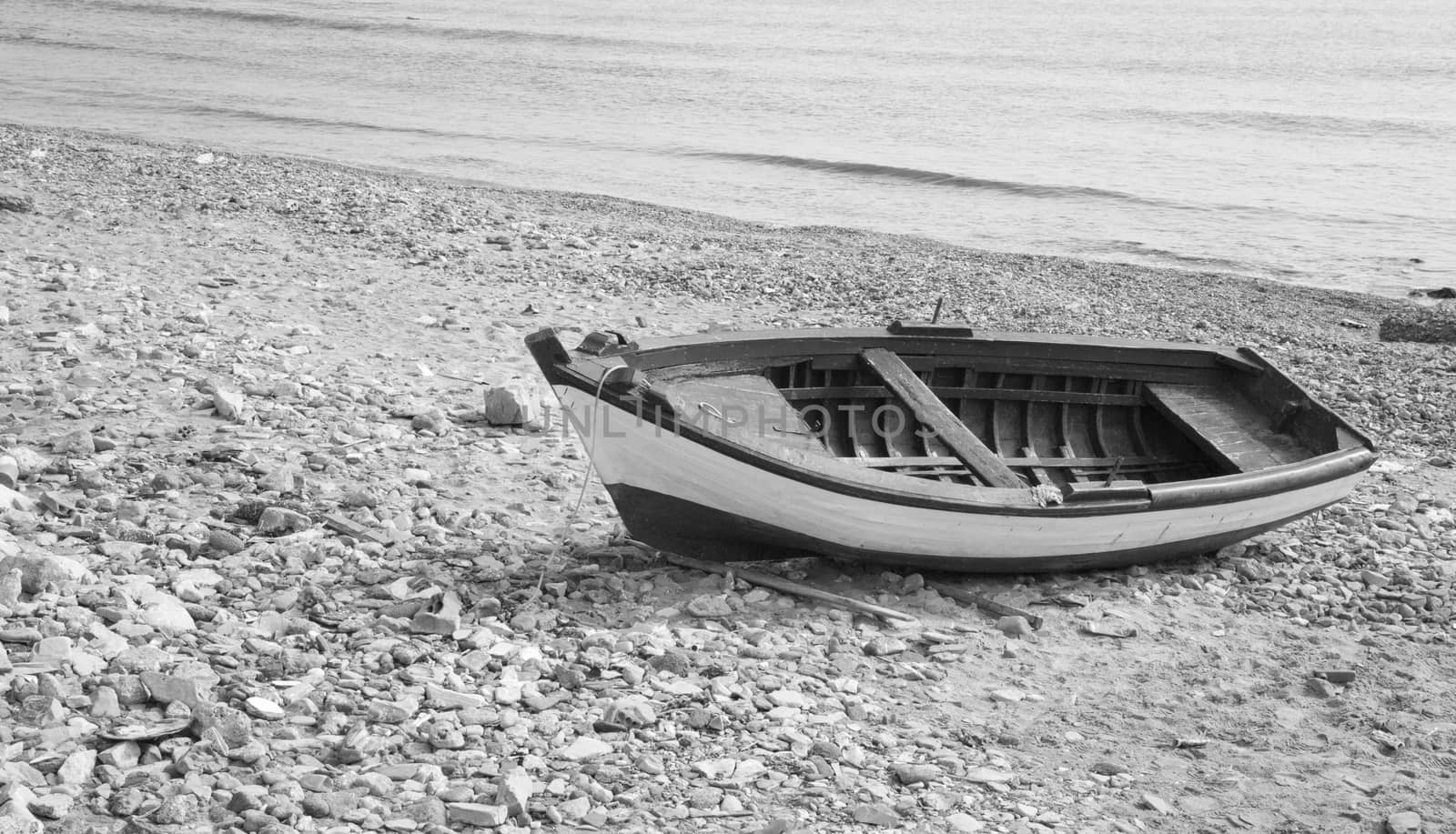 Fisherman's boat at the seaside in blach and white