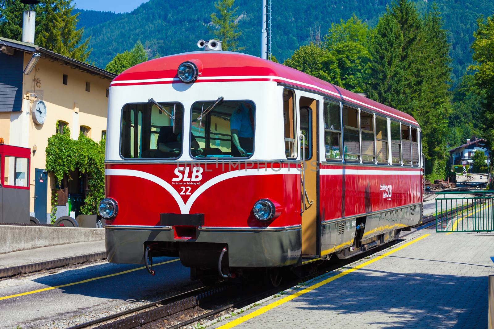 ST. WOLFGANG, AUSTRIA - AUGUST 6: Diesel locomotive of a vintage cogwheel railway going to Schafberg Peak (1783m) on August 6, 2013 in St. Wolfgang.