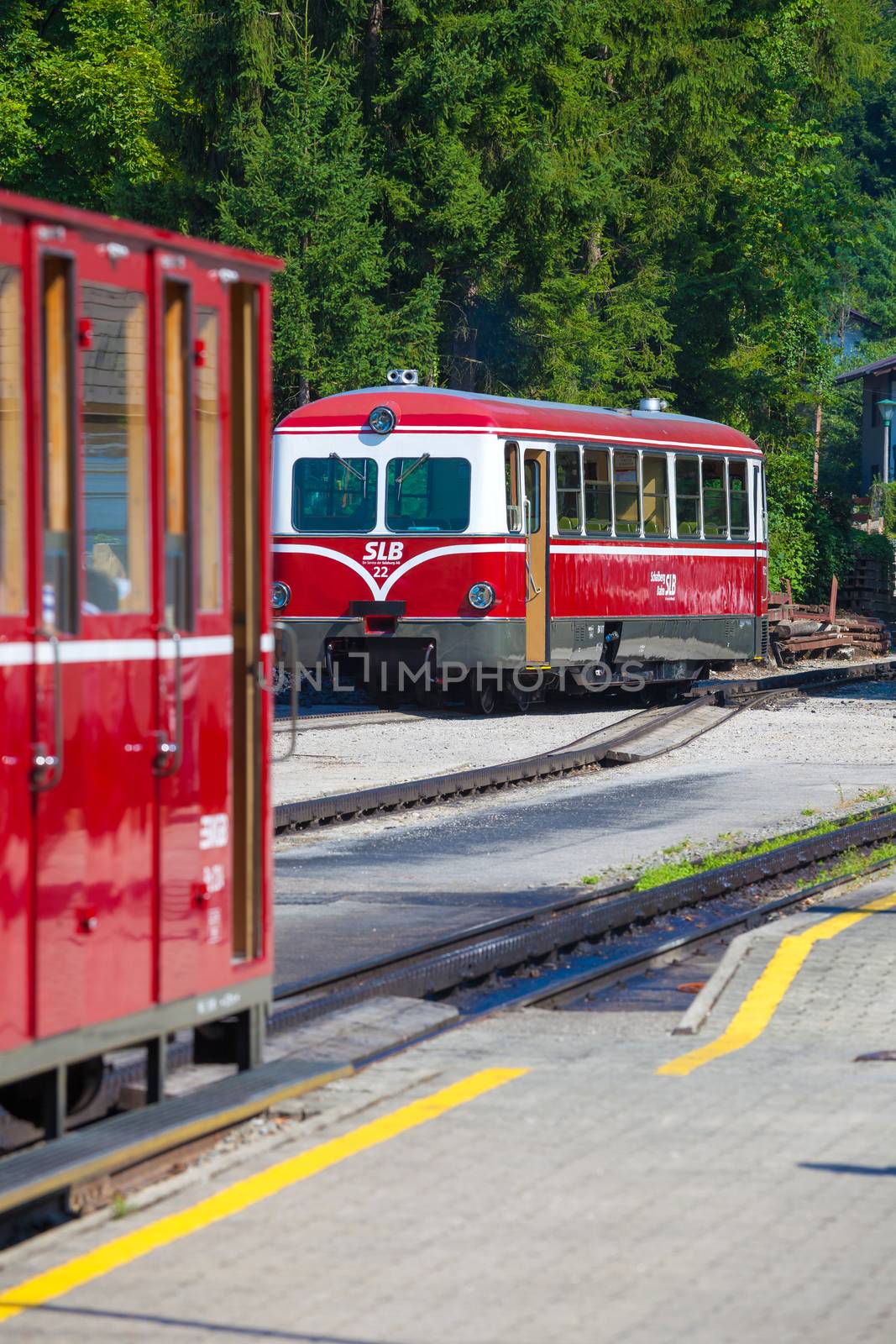 ST. WOLFGANG, AUSTRIA - AUGUST 6: Diesel locomotive of a vintage cogwheel railway going to Schafberg Peak (1783m) on August 6, 2013 in St. Wolfgang.