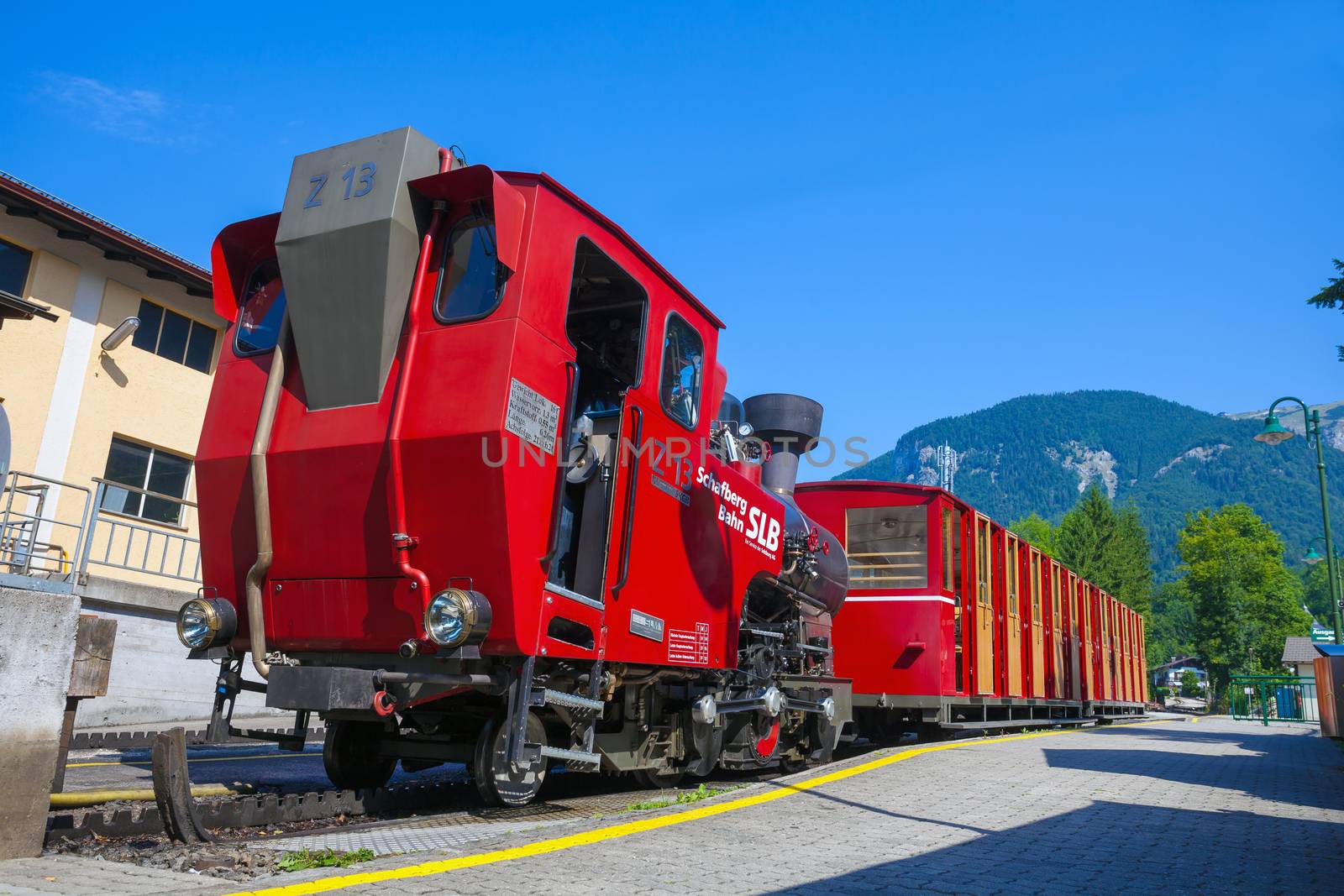 ST. WOLFGANG, AUSTRIA - AUGUST 6: Steam locomotive of a vintage cogwheel railway going to Schafberg Peak (1783m) on August 6, 2013 in St. Wolfgang.
