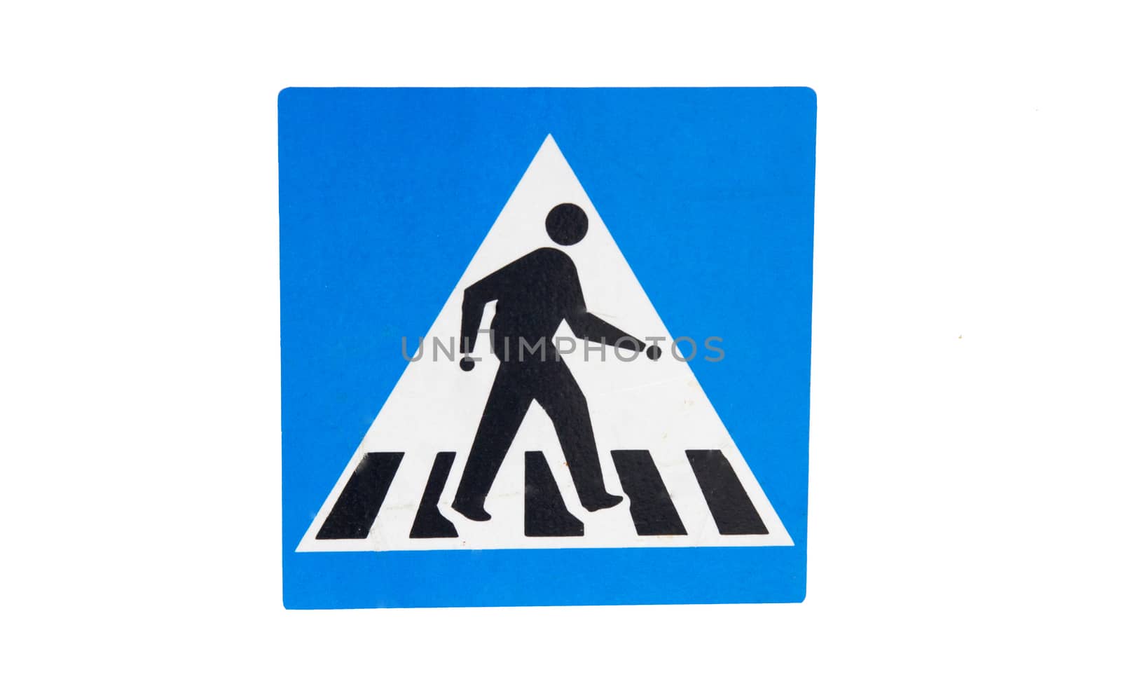 Black,whiite and blue pedestrian crossing sign on white background