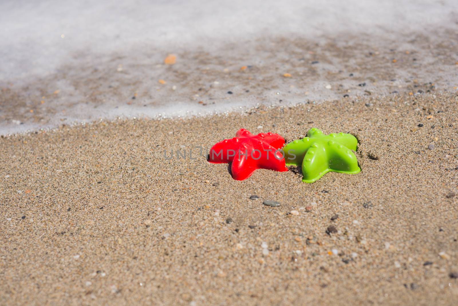 Two starfish-shaped molds on the sand with wave
