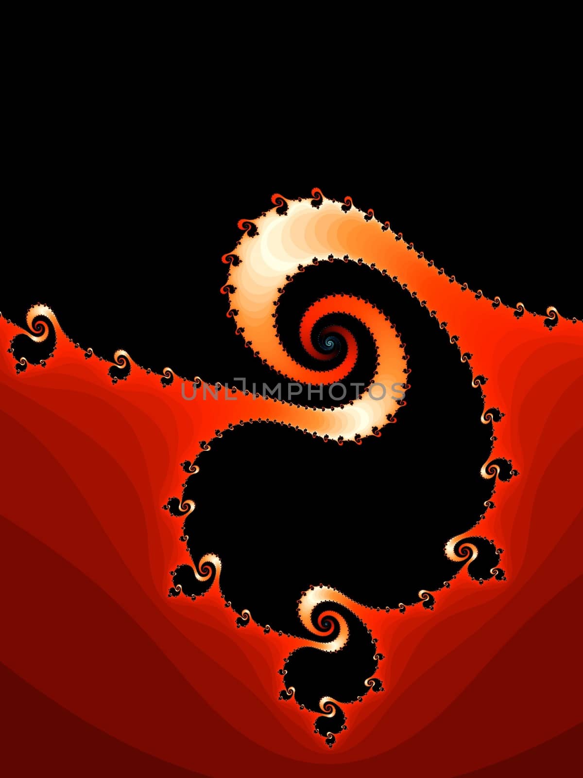 Digital computer graphic - rendering. Patterned fractal spiral in a red colors for design.