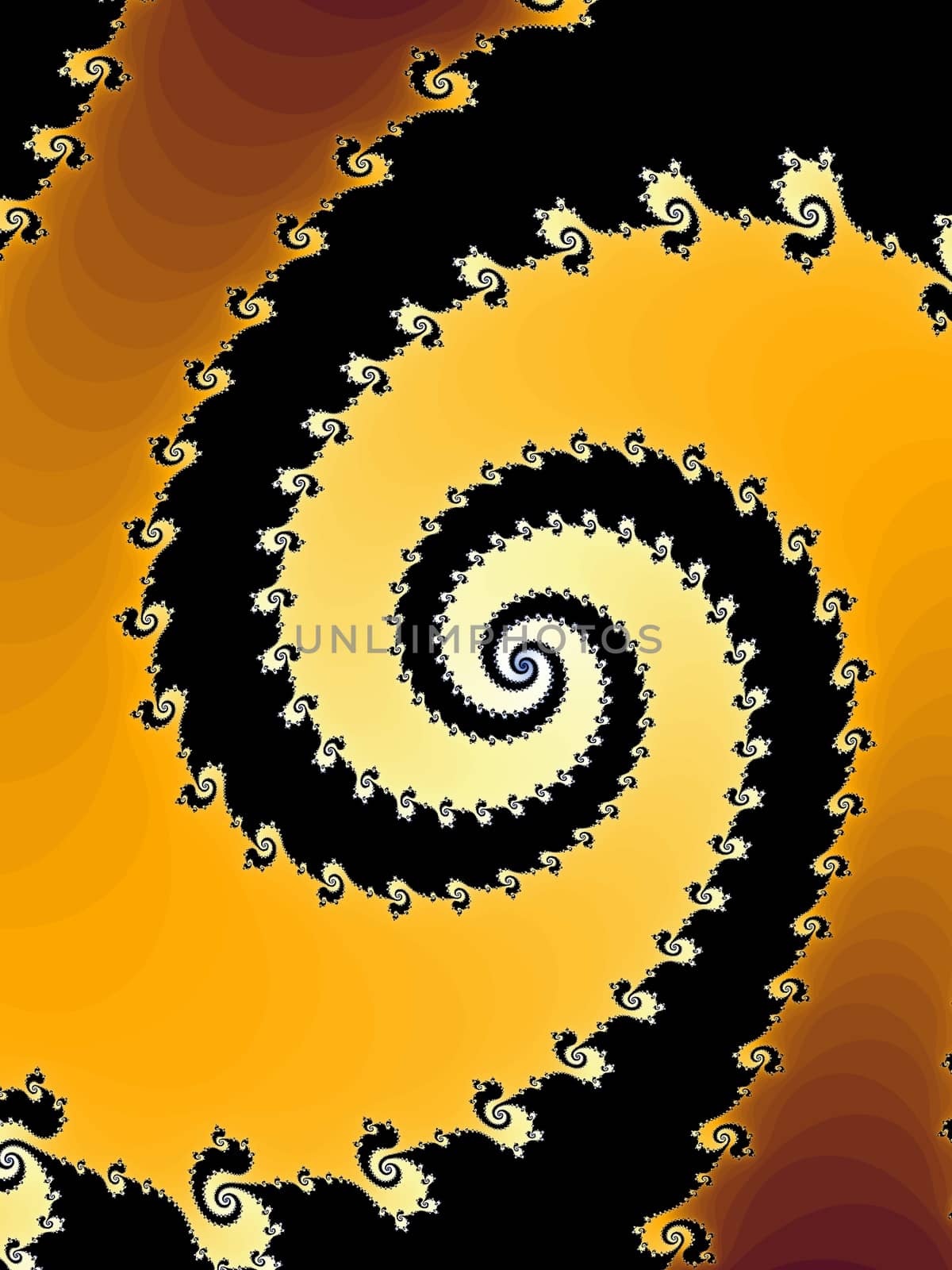 Digital computer graphic - rendering. Patterned fractal spiral on a yellow background for design.