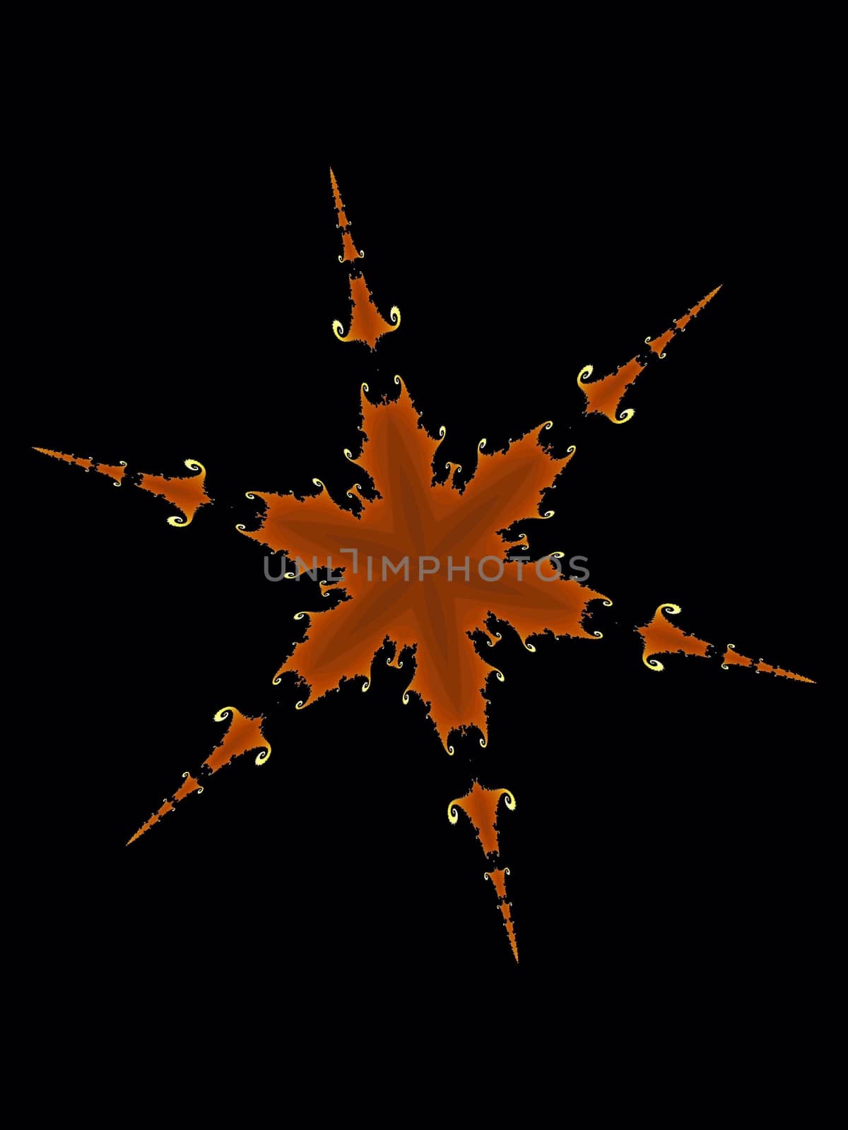 Digital computer graphic - patterned fractal snowflake on a black background for design.