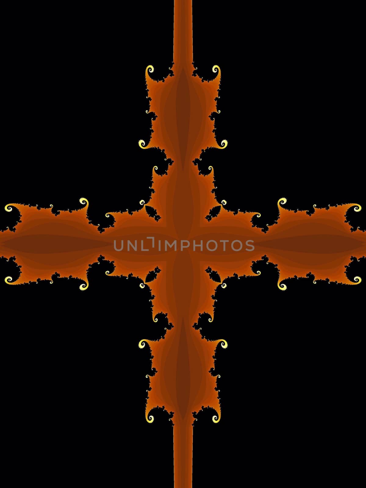 Digital computer graphic - patterned fractal cross on a black background for design.