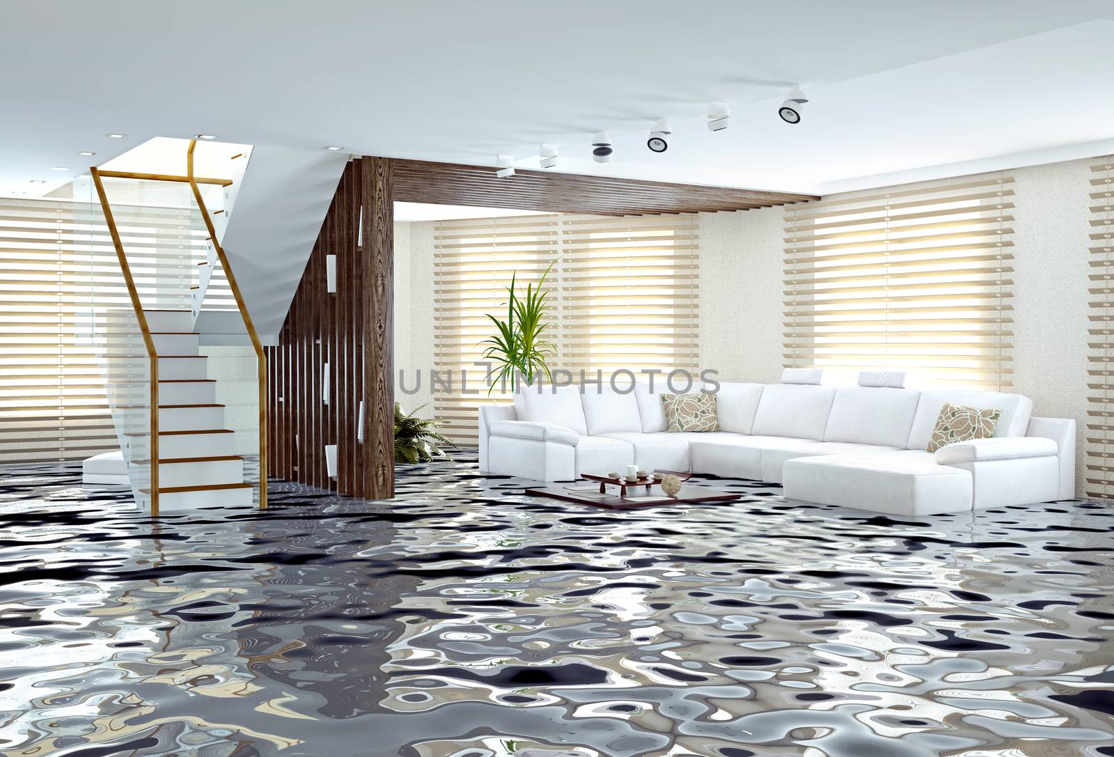 flooding in luxurious interior. 3d creative concept 