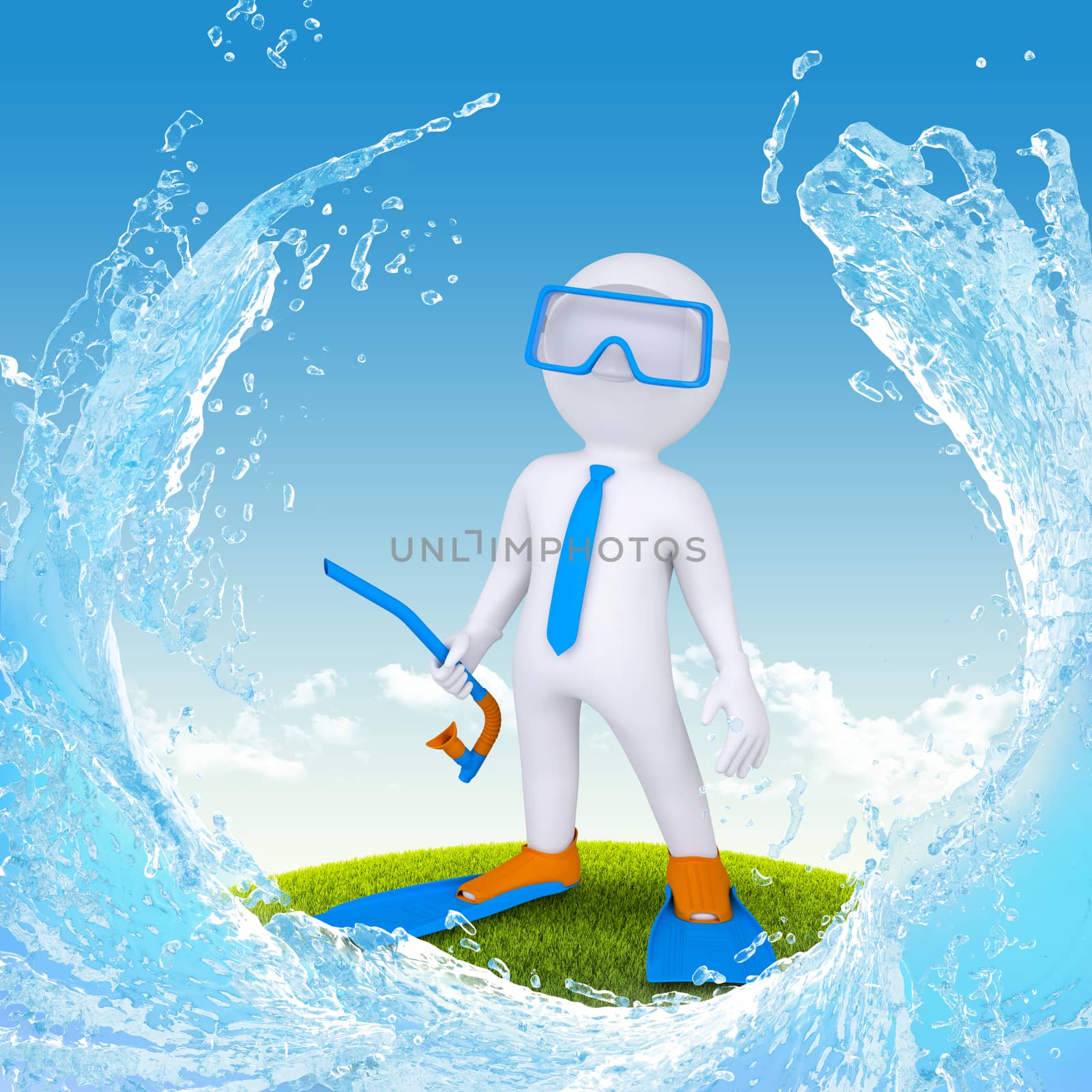 3d diver stand on green grass and water splash