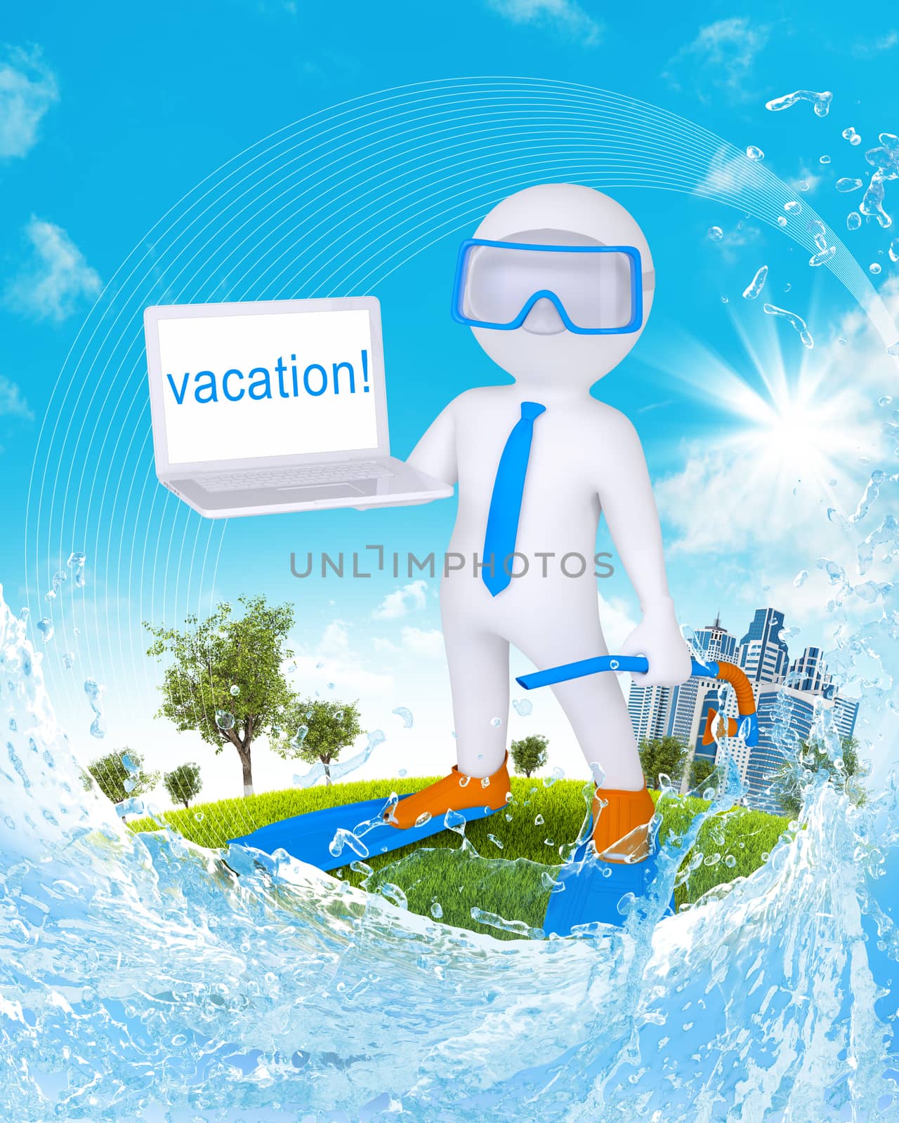 3d diver hold open laptop against background consists green grass, skyscrapers, trees and water splash