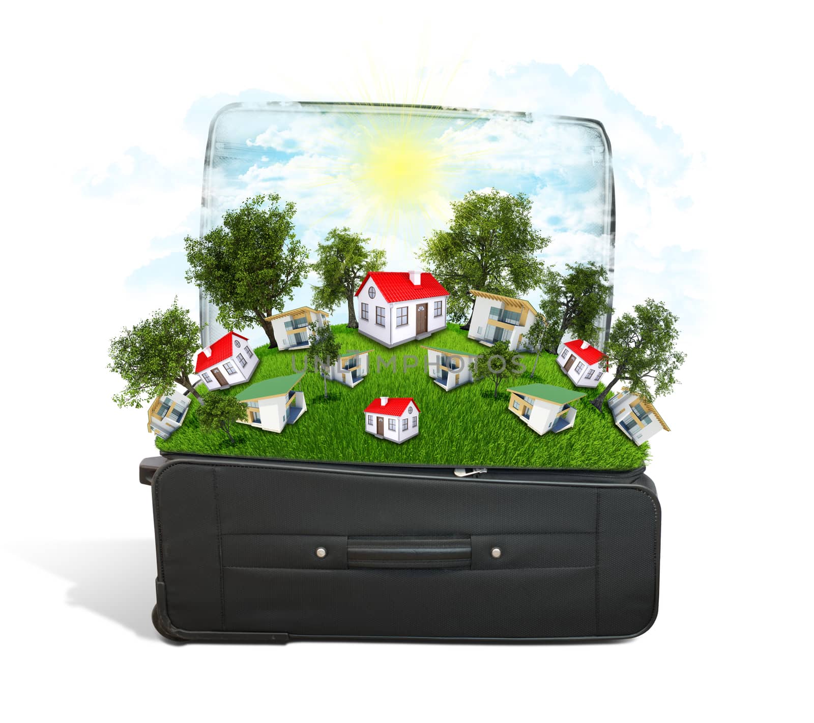 Houses, trees and green grass in travel bag by cherezoff