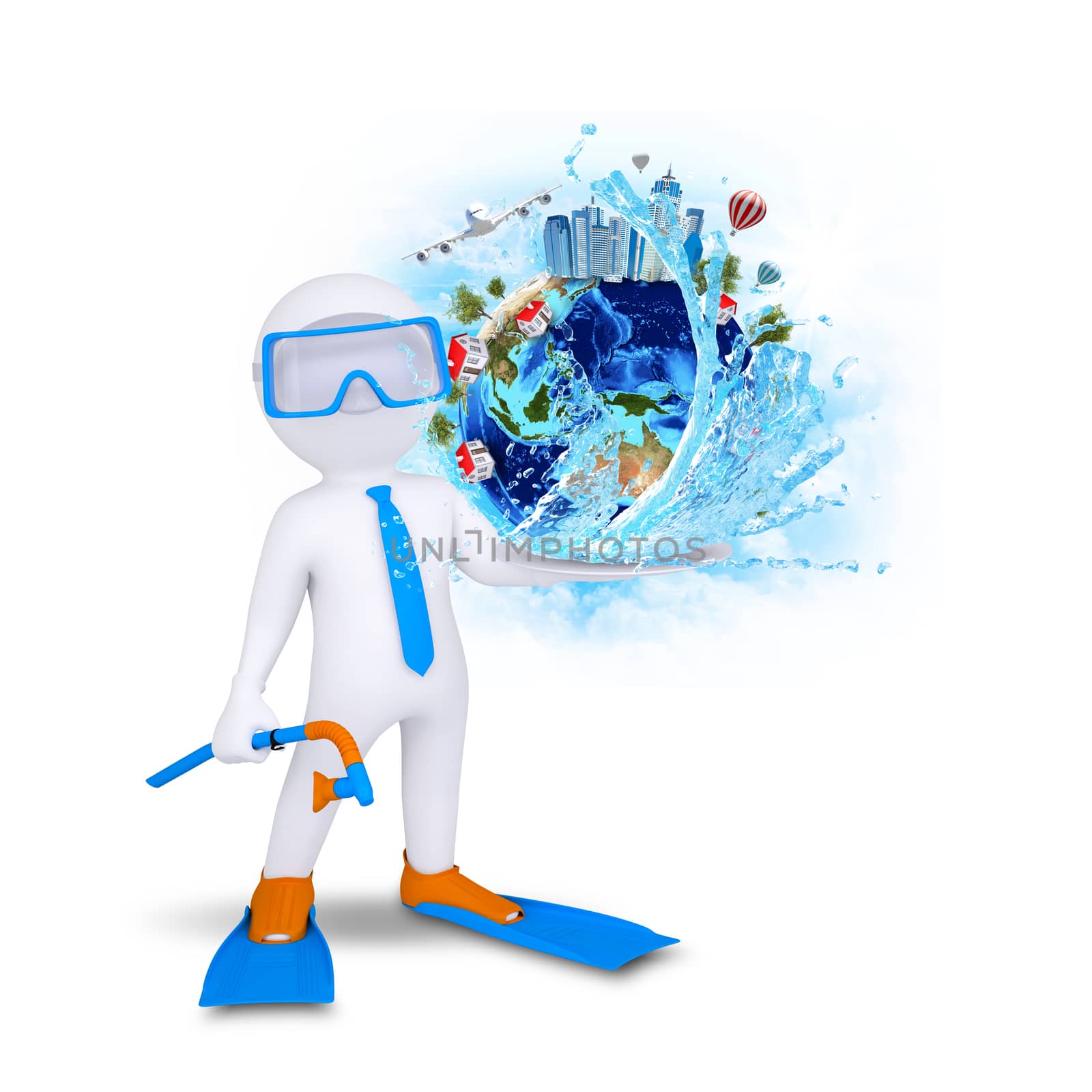 3d diver hold Earth with buildings and trees. Elements of this image are furnished by NASA