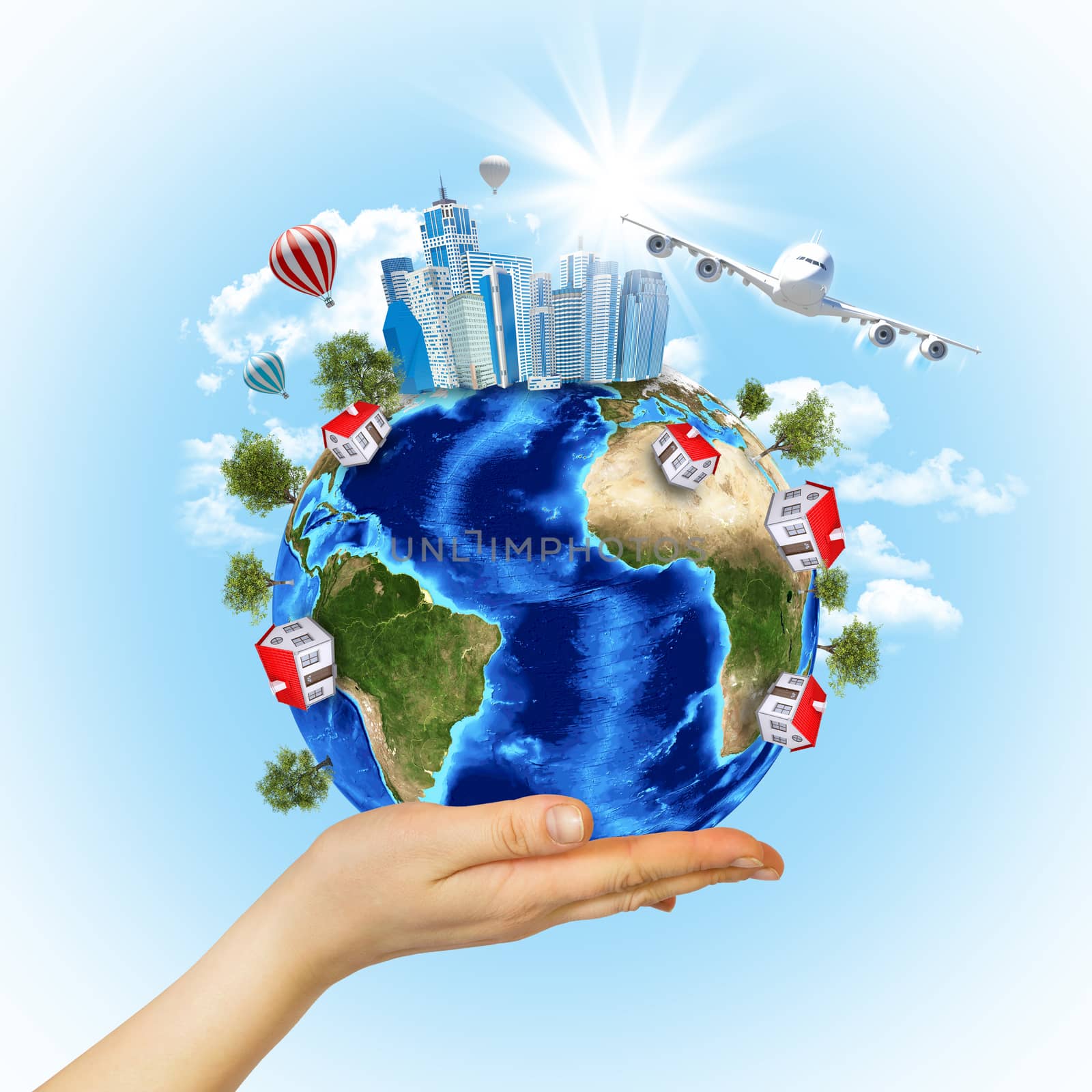 Woman hand hold Earth with buildings and airplane. Elements of this image are furnished by NASA