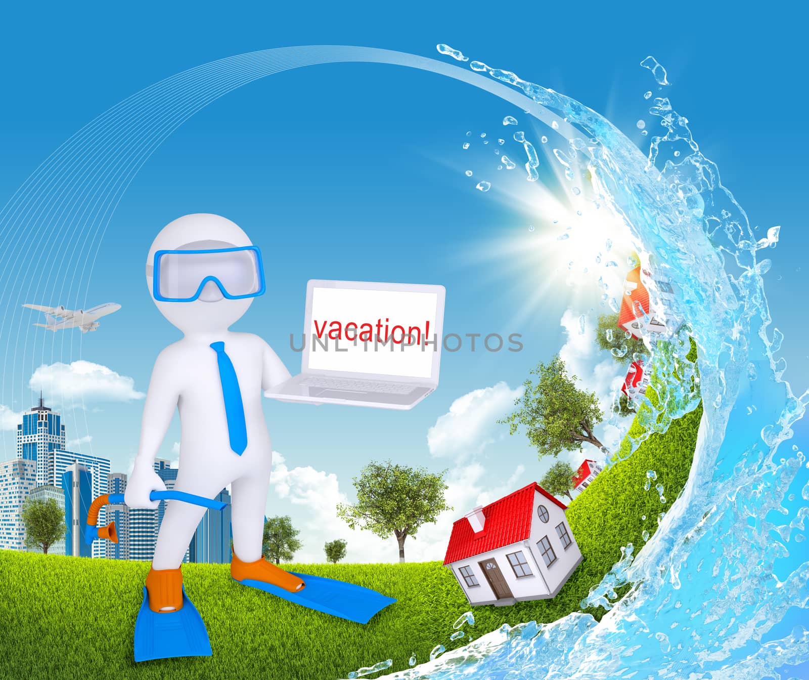 3d diver hold open laptop against background consists green grass, skyscrapers, trees and water splash