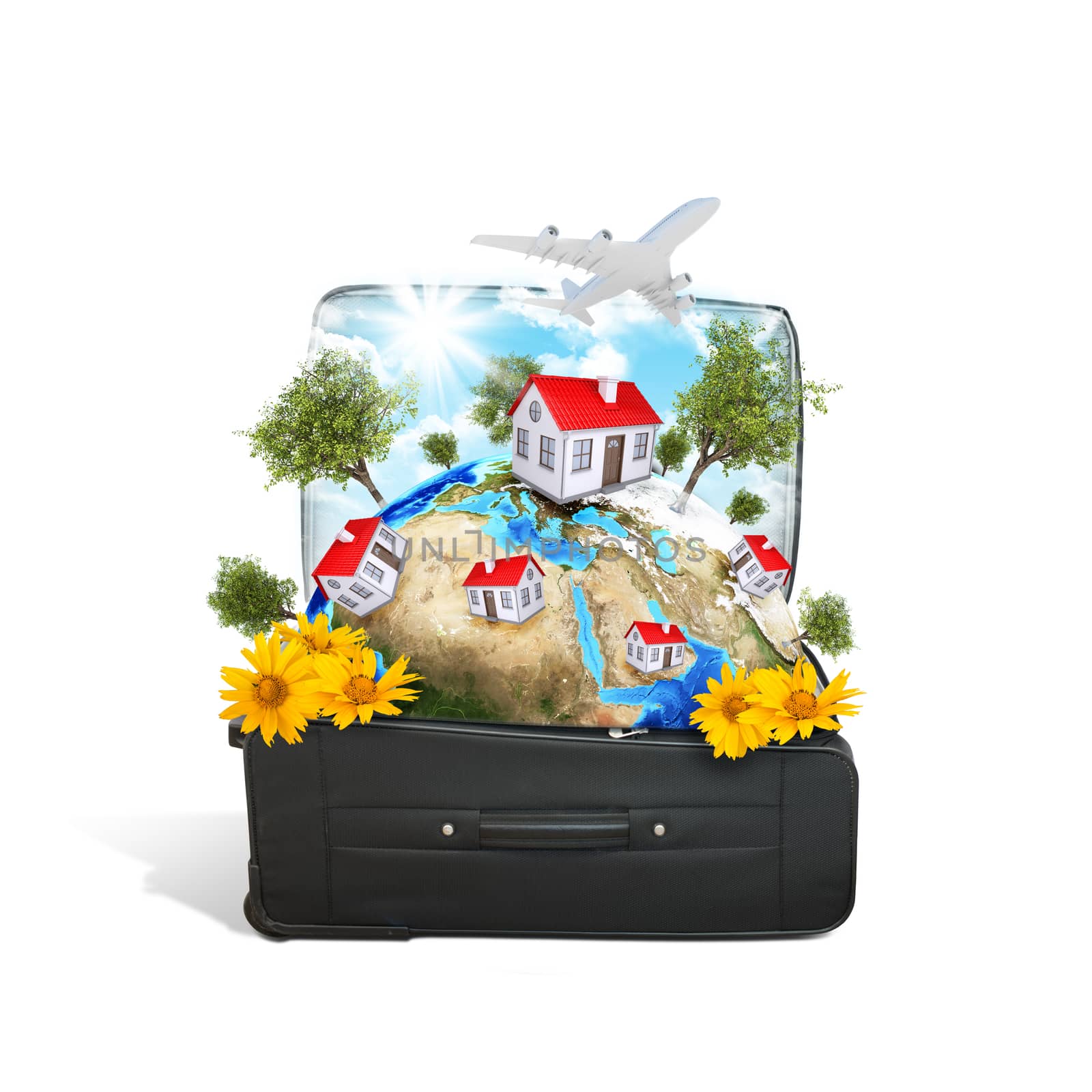 Earth with houses, trees and green grass in travel bag. Elements of this image are furnished by NASA