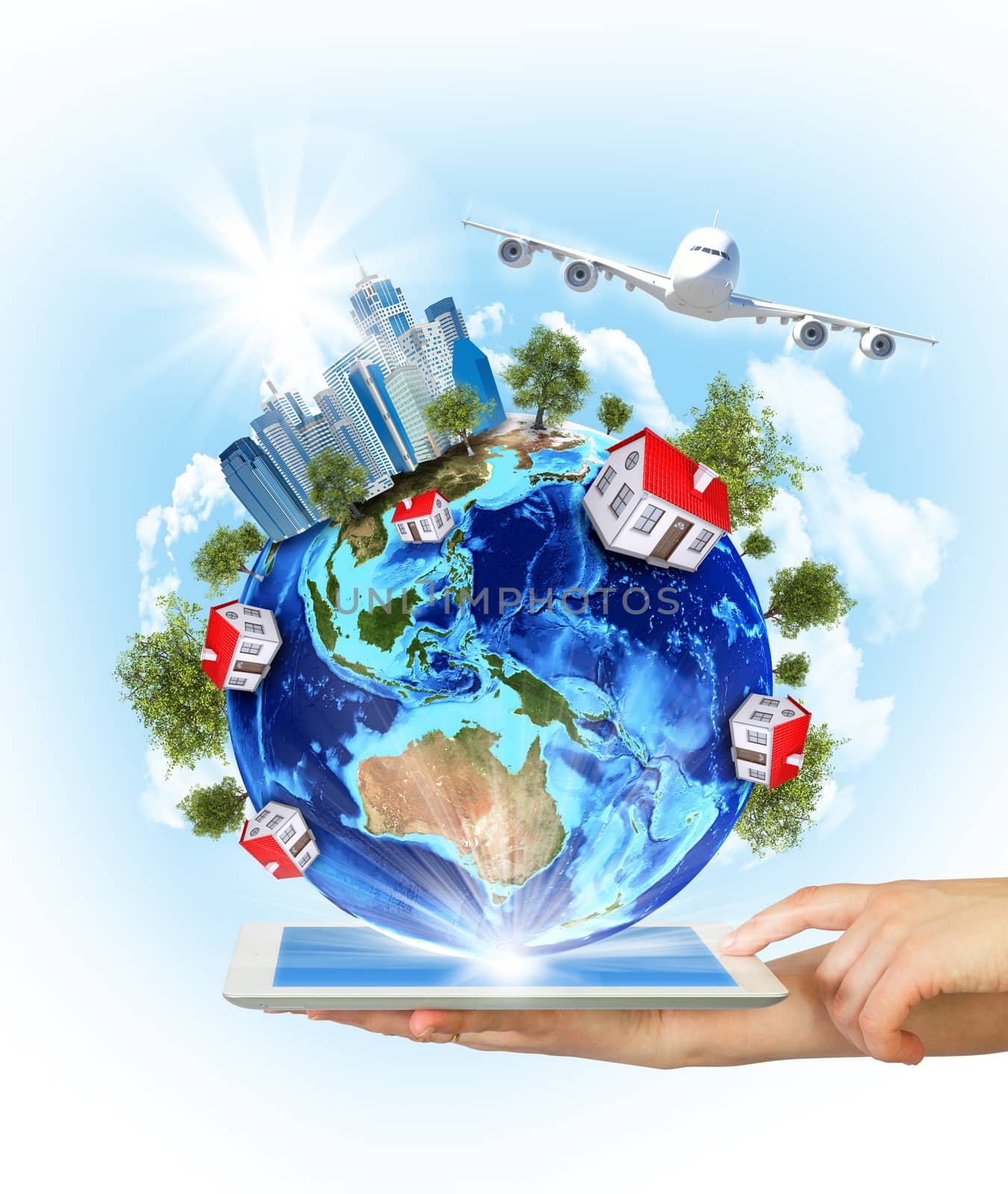 Woman hands hold tablet pc with Earth, buildings and airplane. Elements of this image are furnished by NASA