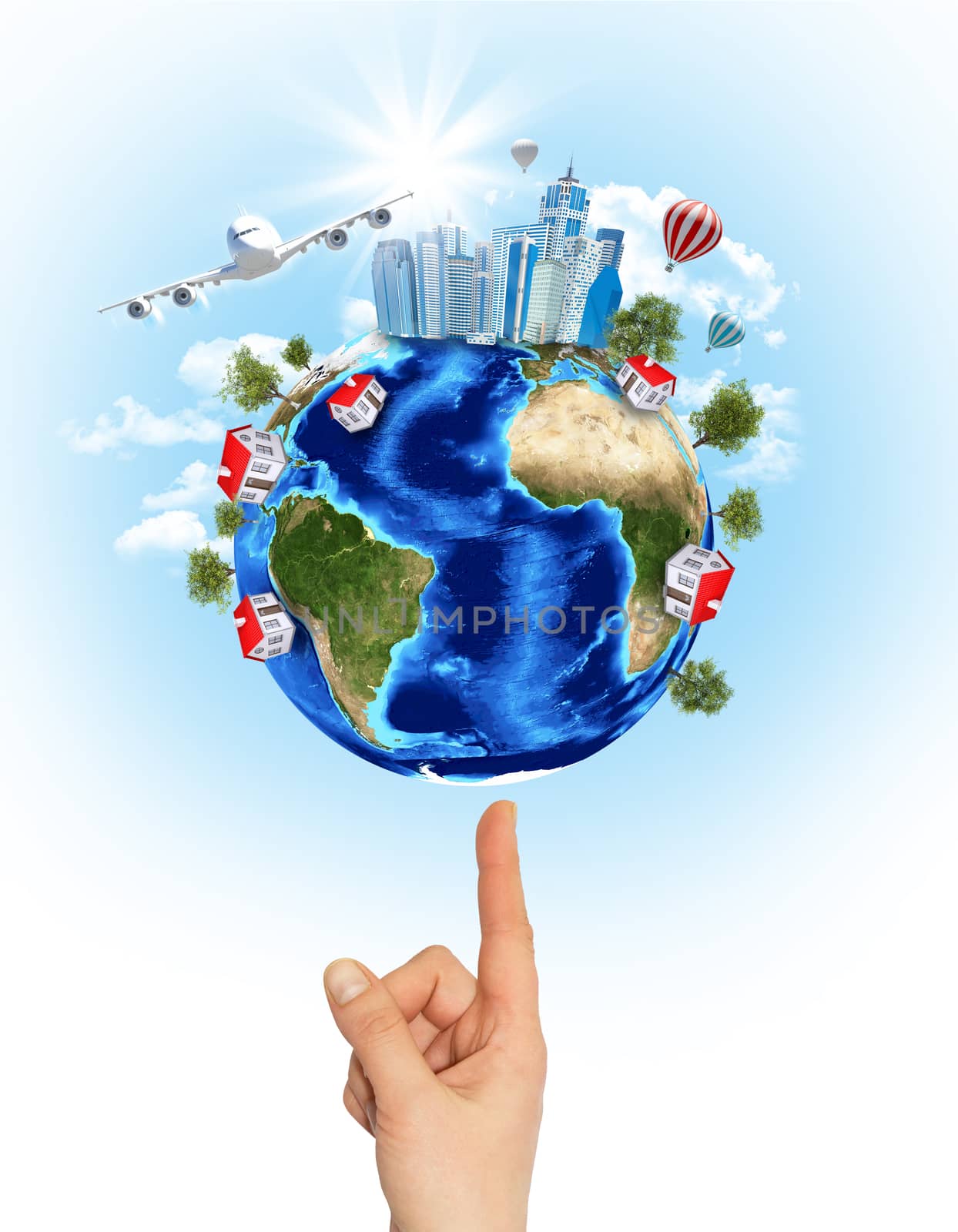 Woman hand hold Earth with buildings and airplane by cherezoff
