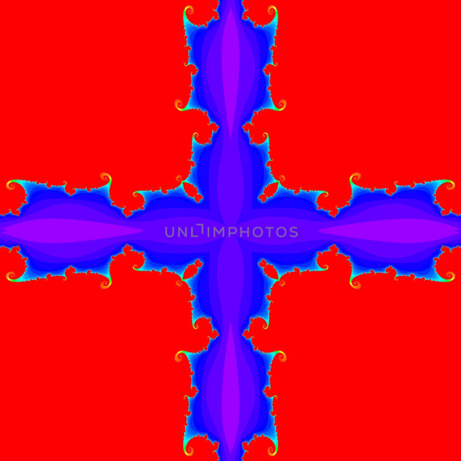 Digital computer graphic - patterned fractal cross in a bright colors background for design.