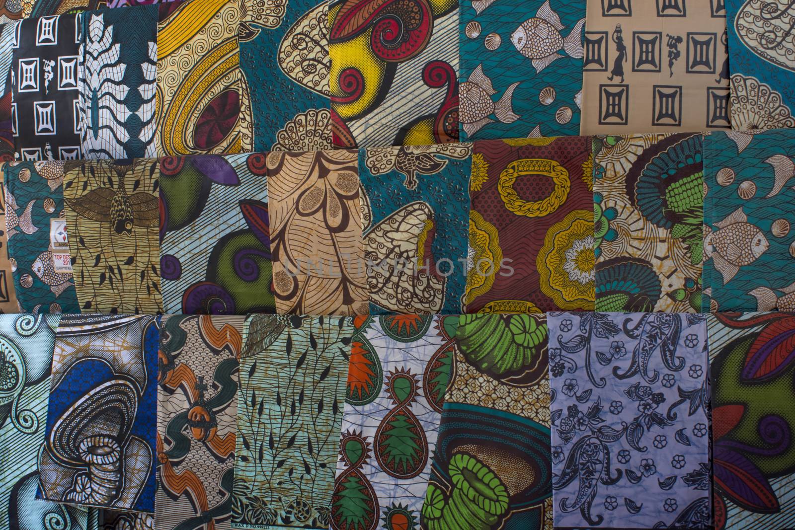 African fabrics on display in a Zambia market