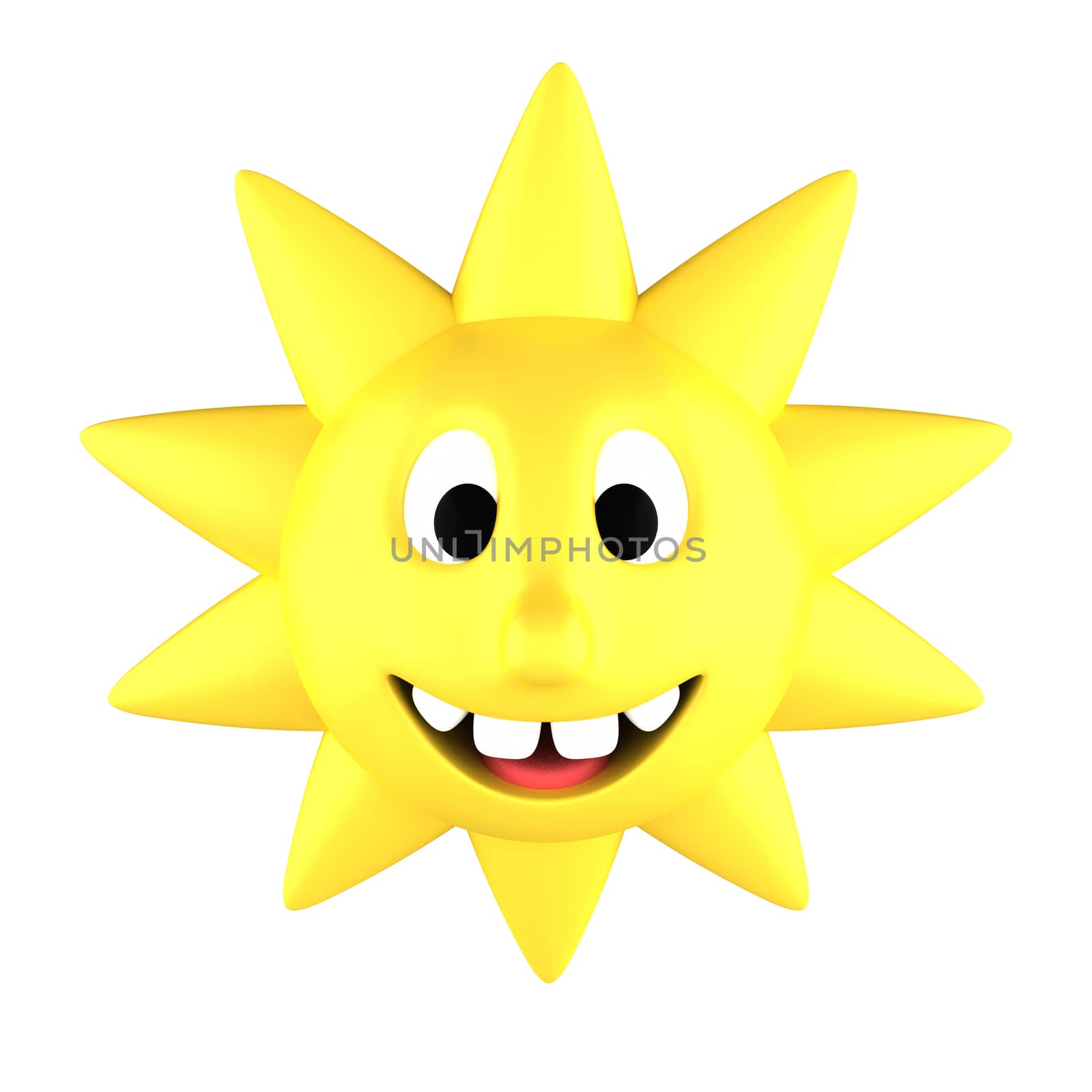 Yellow sun smiling showing teeth, isolated on white background