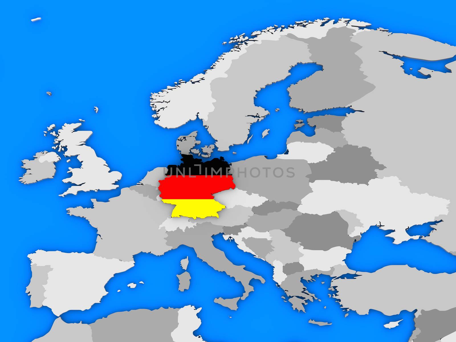 Flag of Germany in the shape of the country standing out of the map of Europe