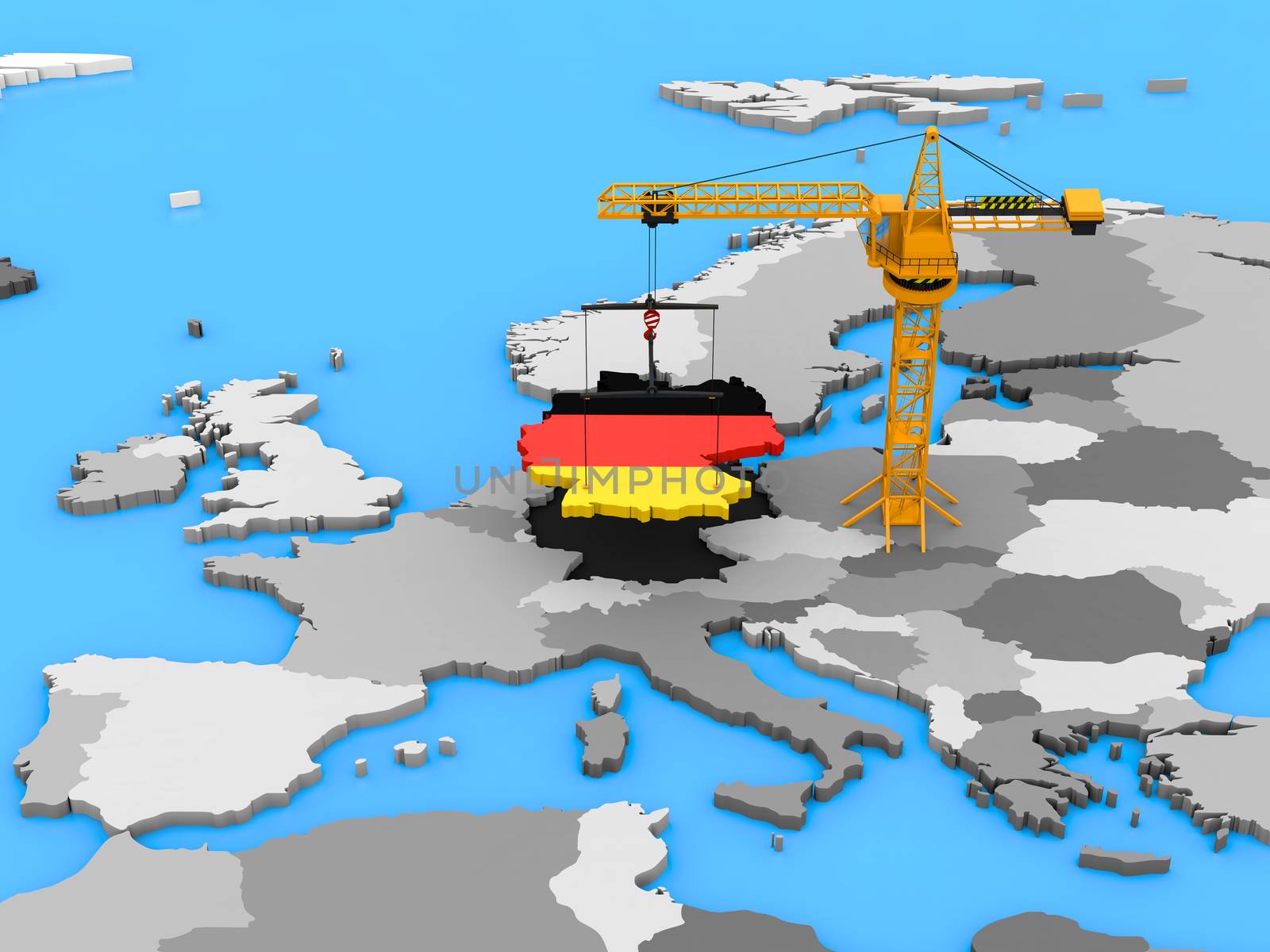 German flag in the shape of the country hanging on a crane over Europe