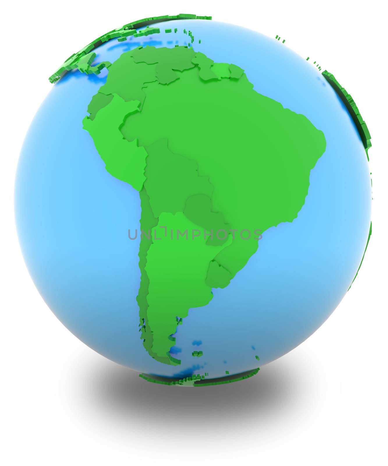 South America, political map of the world with countries in different shades of green, isolated on white background. 
