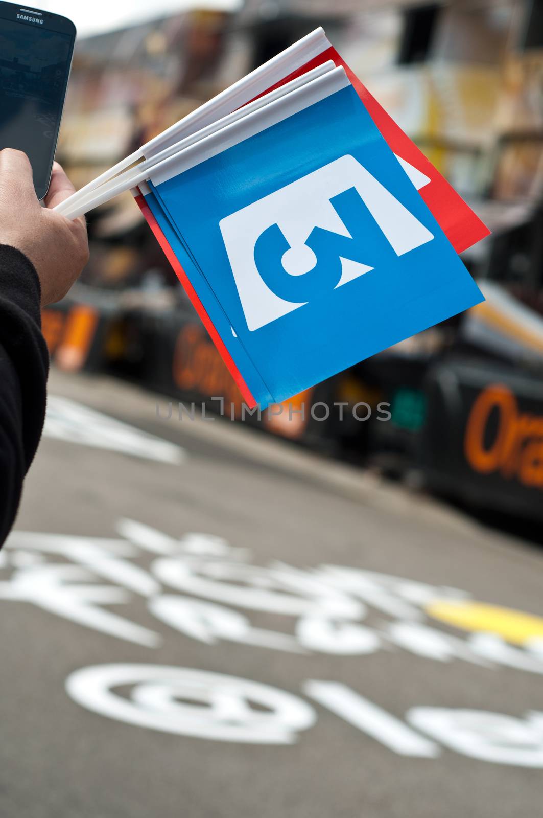 MULHOUSE - FRANCE - 13 th July 2014 - tour de France -flag  french television by NeydtStock