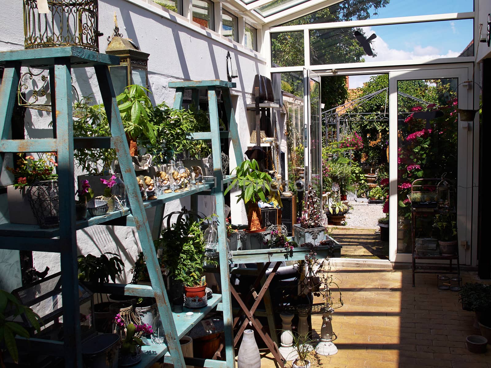 Inside classical garden conservatory greenhouse in a beautiful home garden
